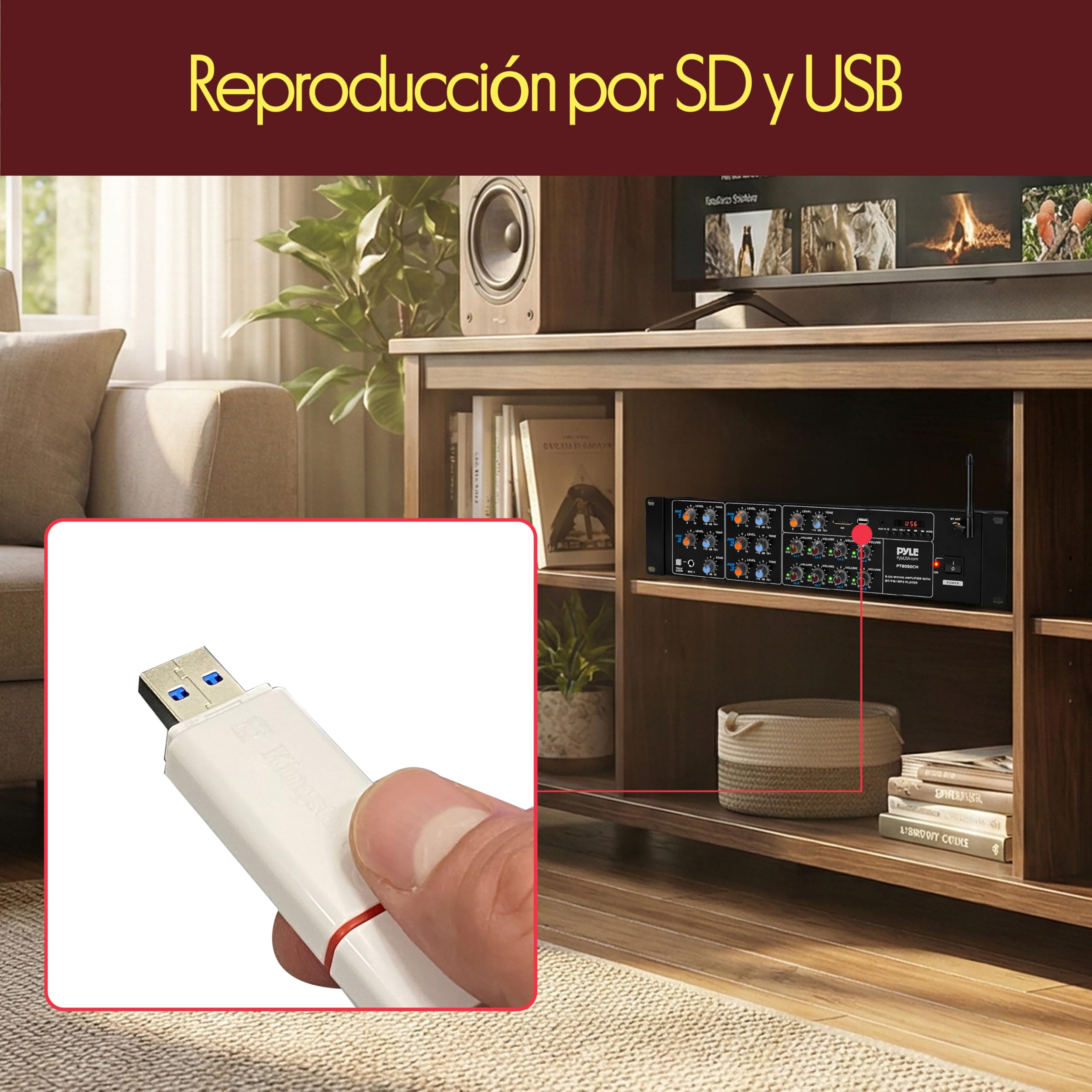 Pyle Amplificador de Sonido, 4000W, Bluetooth, Inalambrico, Sistema de Caja de Receptor Estereo, para el hogar, 8 Canales, RCA, USB, AUX, Altavoces, PA, Teatro, Estudio, Escenario