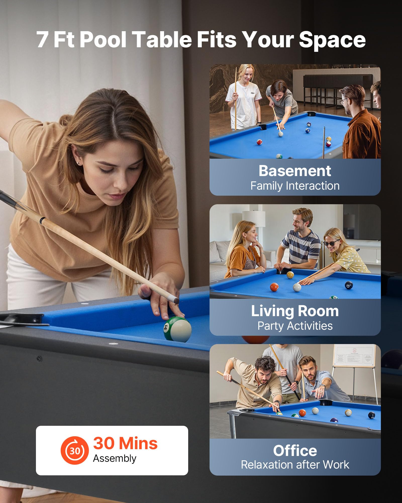 VEVOR Table de Billard 2135 mm, kit de Billard Portable, Pieds réglables, Ensemble d'accessoires complets avec Boule, Queue, Support, Craie et Pinceau, pour Domicile, Club, Noir avec Tissu Bleu