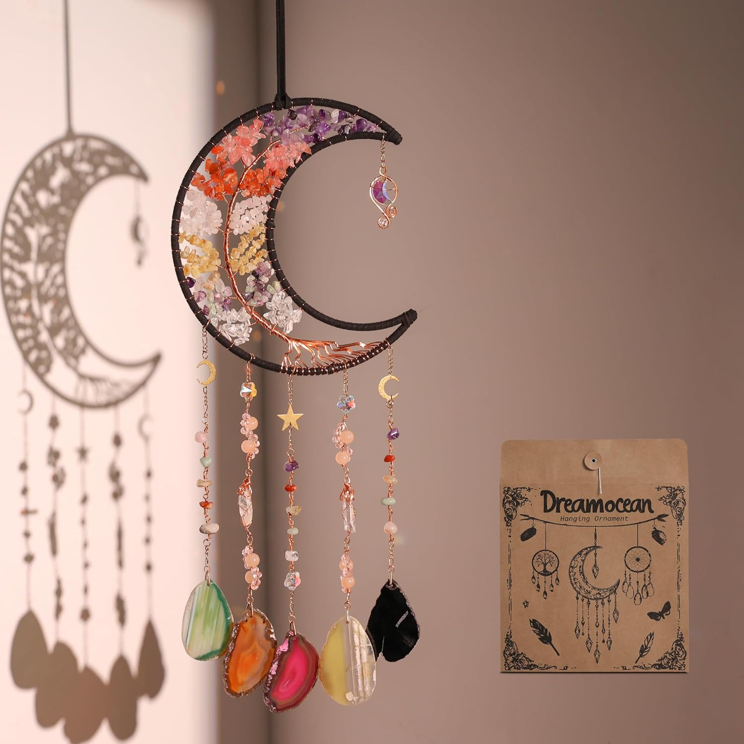Crystal Wind Chimes, Dreamocean 7 Chakra Dream Catchers Moon Tree of Life Dream Catcher Suncatcher Prisms Hanging Window Wall Decor Yoga Meditation Gifts for Adults Girls