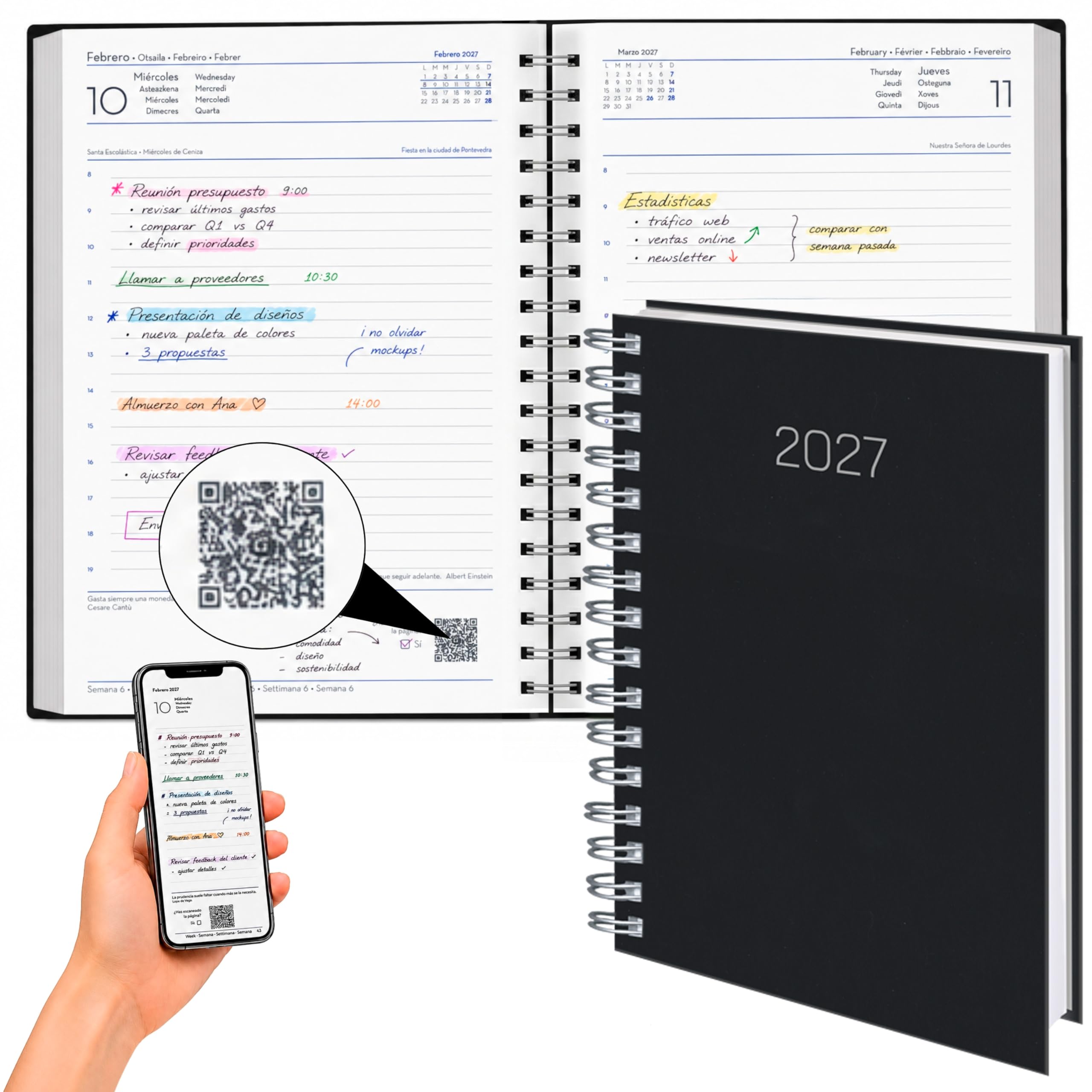 DEUSTO Agenda 2027 Pagina por Dia | Dietario Anual A5 Enero-Diciembre | Agenda con OrganaizED+, Espiral y Ángulo perforado, Agenda de Trabajo Oficina Estudiantes, Negro