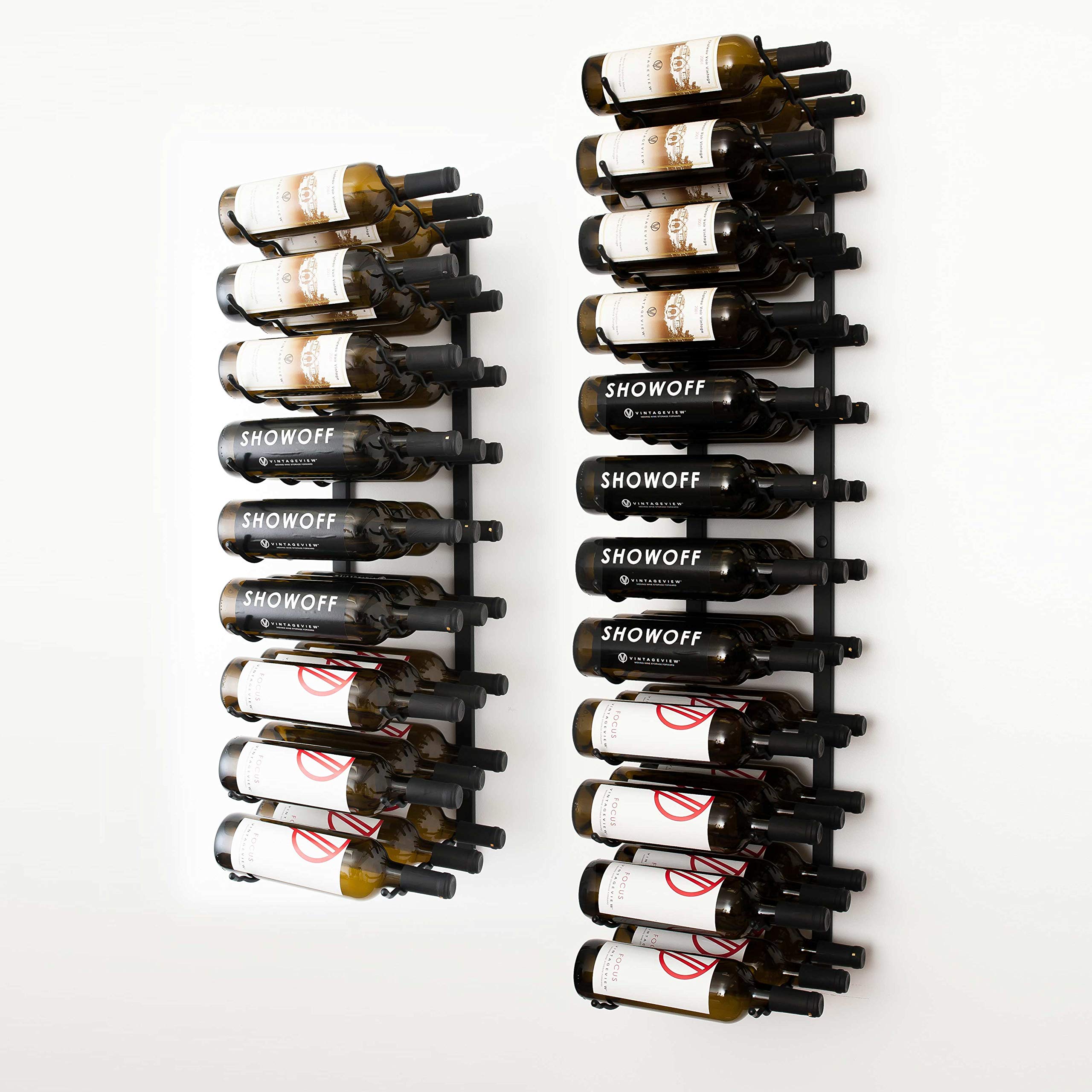 VintageView Wall Series (7 Ft) - 63 Bottle Wall Mounted Wine Bottle Rack Kit (Satin Black) Stylish Modern Wine Storage with Label Forward Design