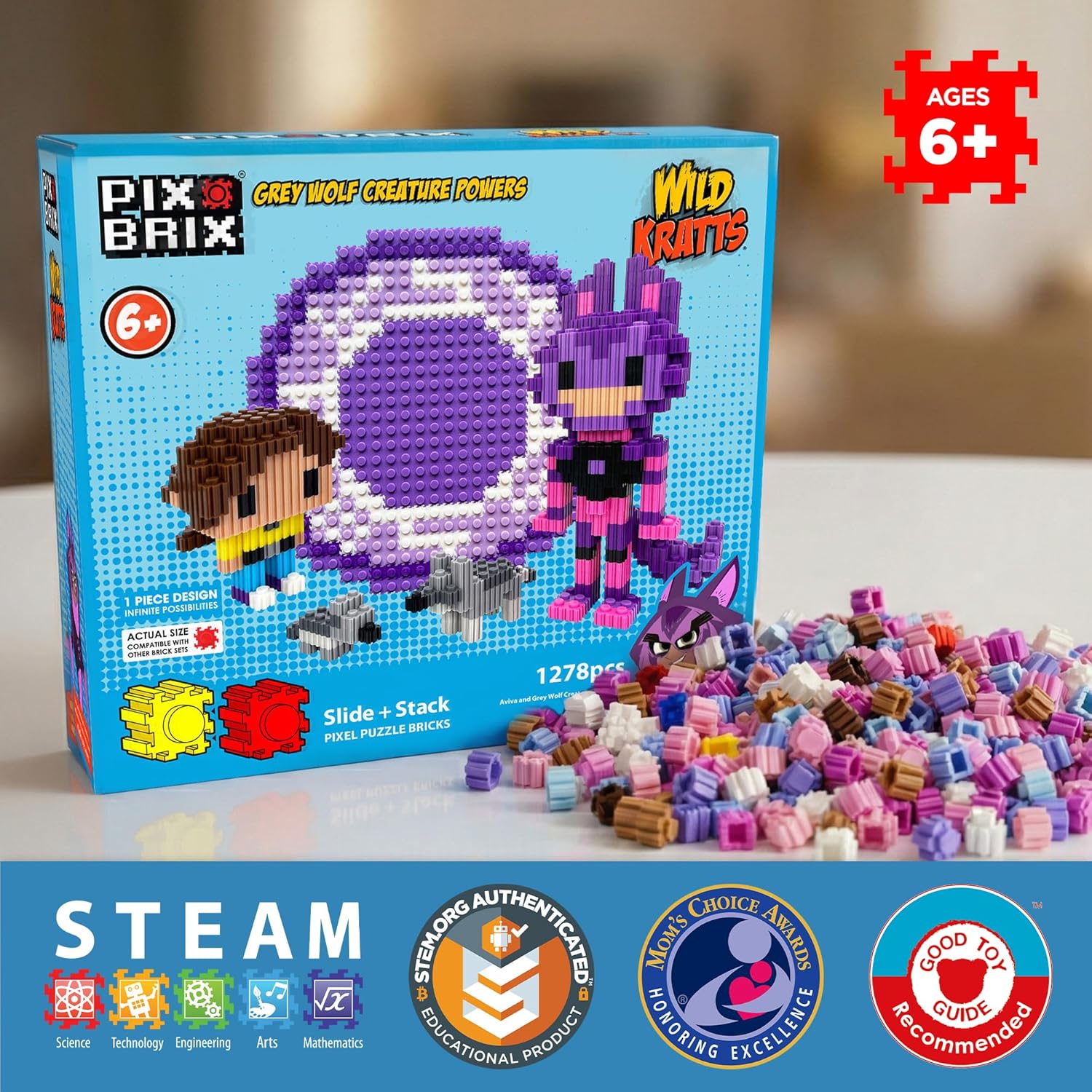 Pix Brix - Wild Kratts Toys Pixel Art Kit - Grey Wolf, 1278 Pieces - Patented Slide + Stack Pixel Puzzle Building Bricks, Build & Collect Wild Kratts Animals - Stem Toys, Ages 6 Plus