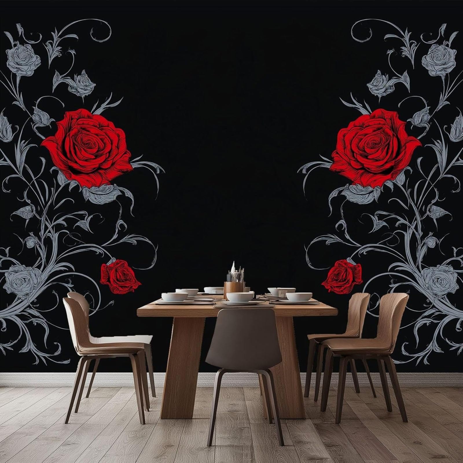 3D Effect Photo Wallpaper Gothic Fantasy Flowers Roses, Black Wall Mural Non-woven Wall for Living Room Bedroom Children's Room TV Background Modern Wall Decoration, 250cm x 175cm Stickers - Frameless
