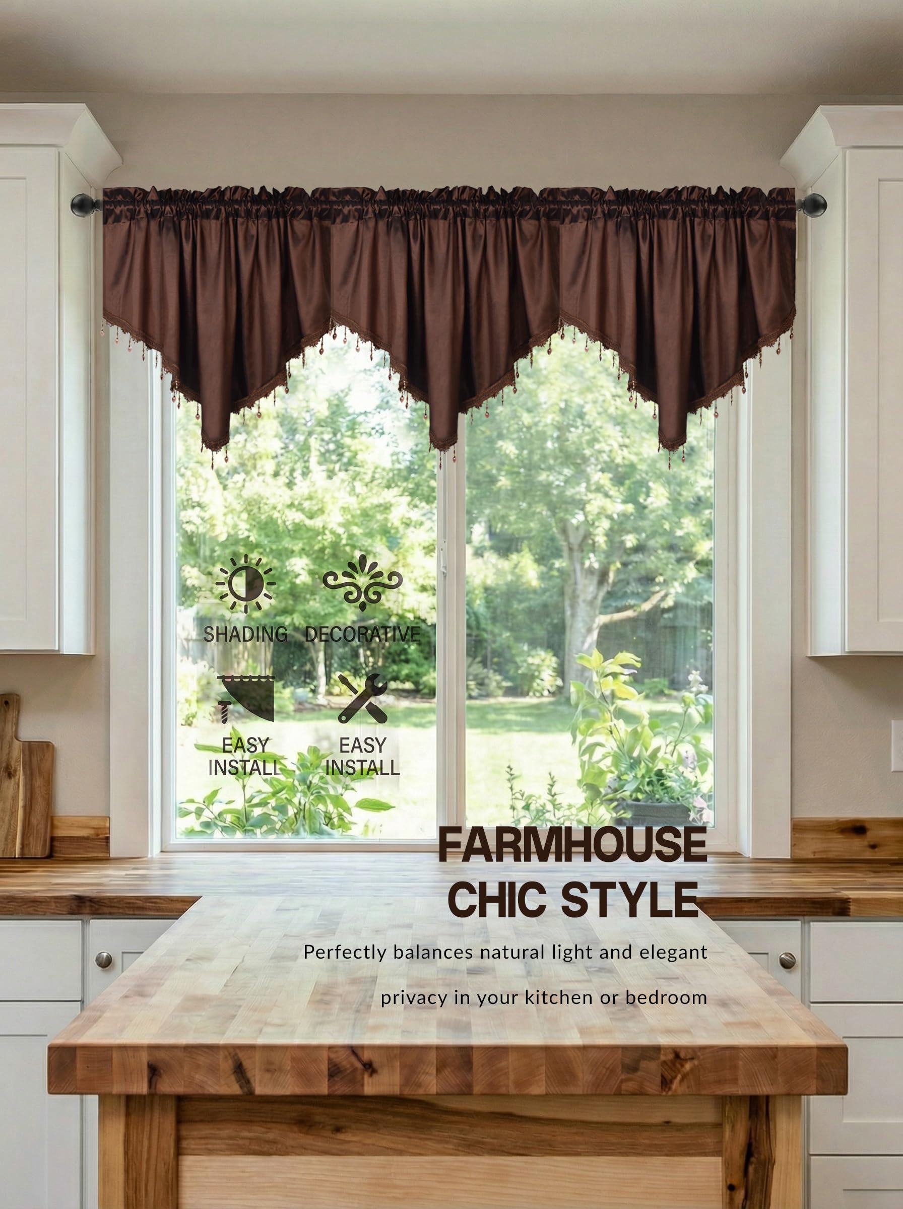 Molaxhome Swag Curtain Scalloped Curtain Valance Drape Sheer Lace Panel 1pc, Cloth Coffee, W 51.2" x L 23.6" (1 Panels) - Image 3