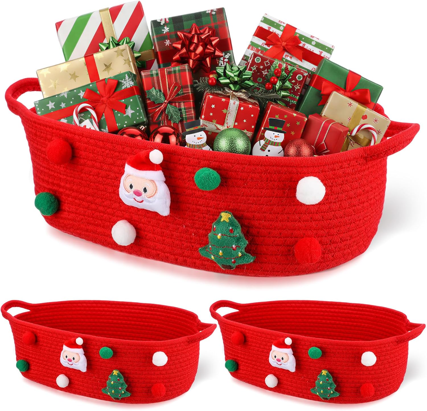 3 Pack Christmas Gift Basket Empty 15 x 9.9 x 5.1 Inch Santa Red Christmas Storage Bin with Handles, Woven Cotton Rope Basket for Gifts Holiday Treats Party Supplies, Home Xmas Decorations