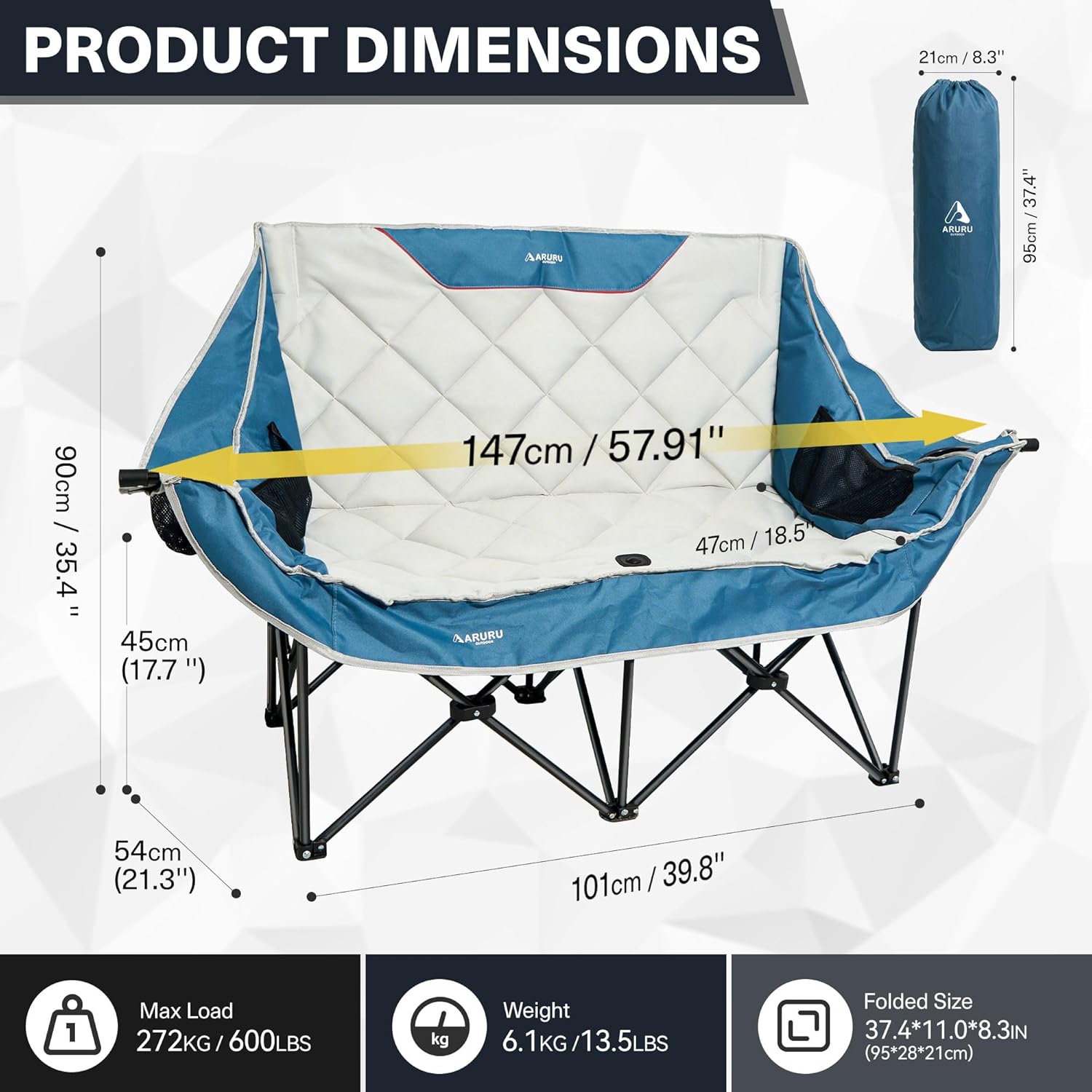 Double Camping Chair, Padded Oversized Camping Loveseat for Adults 2 Person Couch Two Seat Support 600LBS Heavy Duty Folding Camp Lawns Chairs for Outdoor Beach Backyard Tailgating Sports Blue