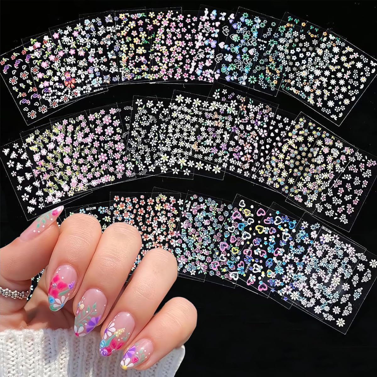 Nail Art Stickers Colorful 3D Designs Self Adhesive Cute Floral Nail Decals | Decorative Nail Stickers for Women & Girls | Easy Peel and Stick Nail Art Accessories for Manicure Decoration-image-41