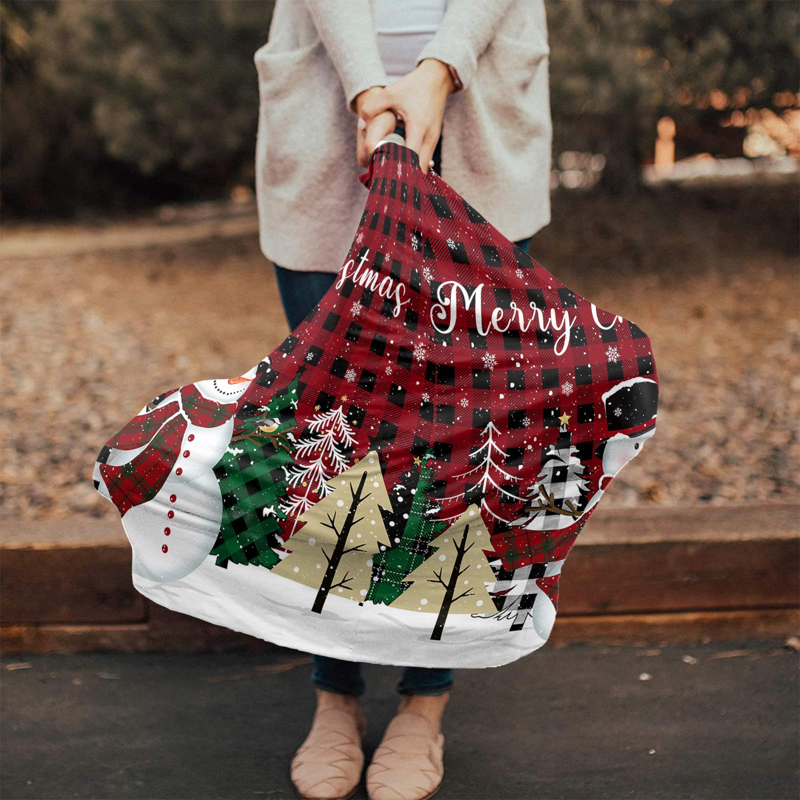 Nursing Cover for Breastfeeding Scarf, Merry Christmas Xmas Tree Snowman Snowflake Red Plaid Baby Car Covers Super Soft Multi Use for Canopy Shopping Cart Cover Blanket Stroller Cover