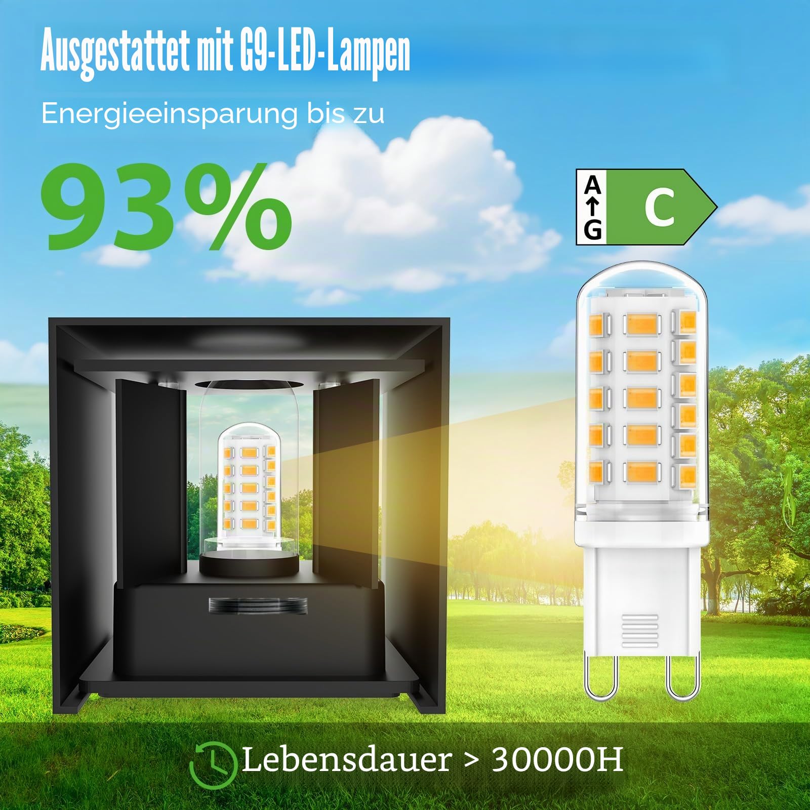 LED Wandleuchte Innen & Aussen (2 Stück, Graphitschwarz) - Austauschbare G9 Lampe 2700K Warmweiß, Aluminium Wandlampe, Einstellbarer Winkel & Wasserdicht, Für Wohnzimmer/Garten