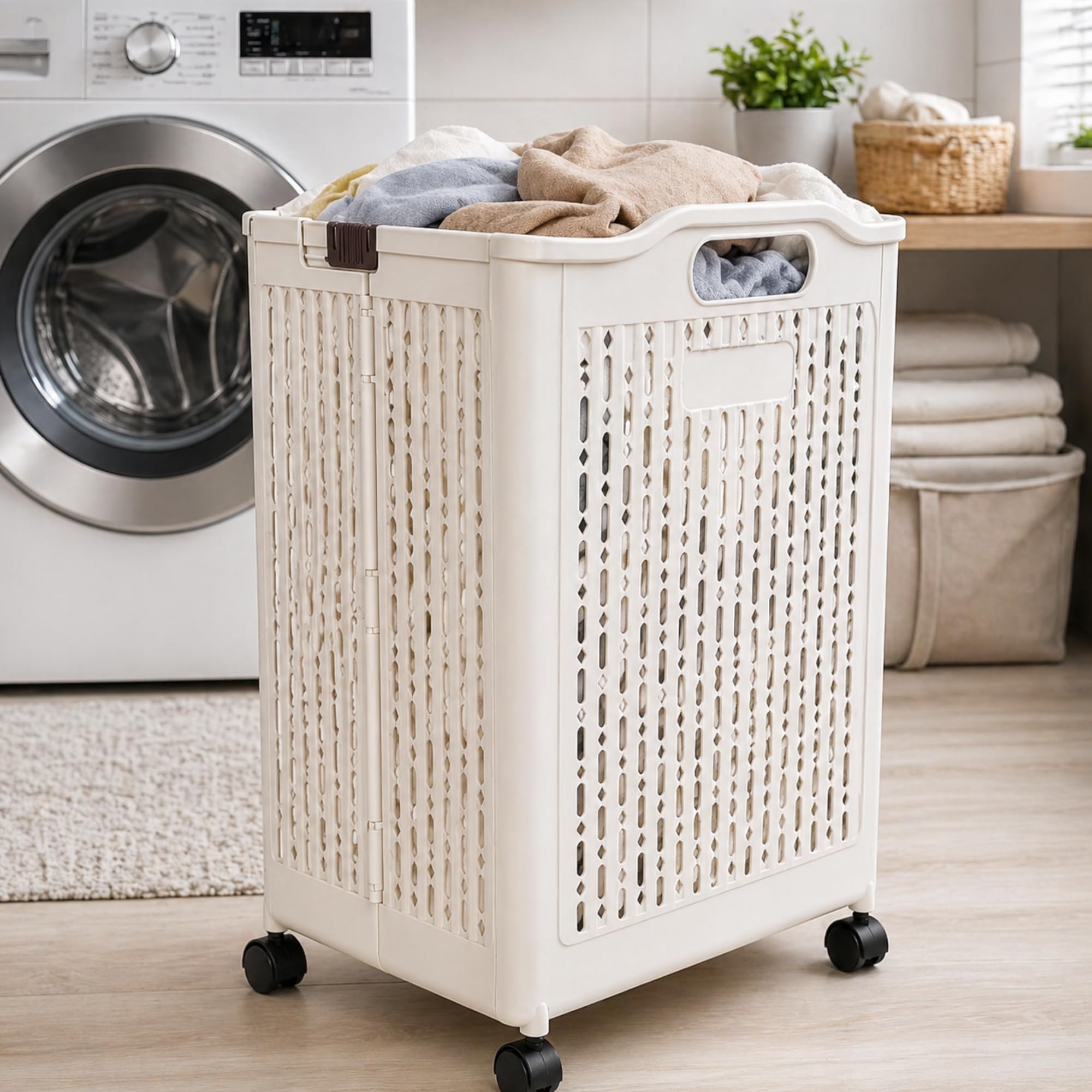 Foldable Laundry Basket with Wheels & Handles, Breathable Plastic Clothes Organizer Bin, Collapsible Laundry Hamper for Clothes, Toys & Storage (Mini White, 38x31x45 cm)-image-16