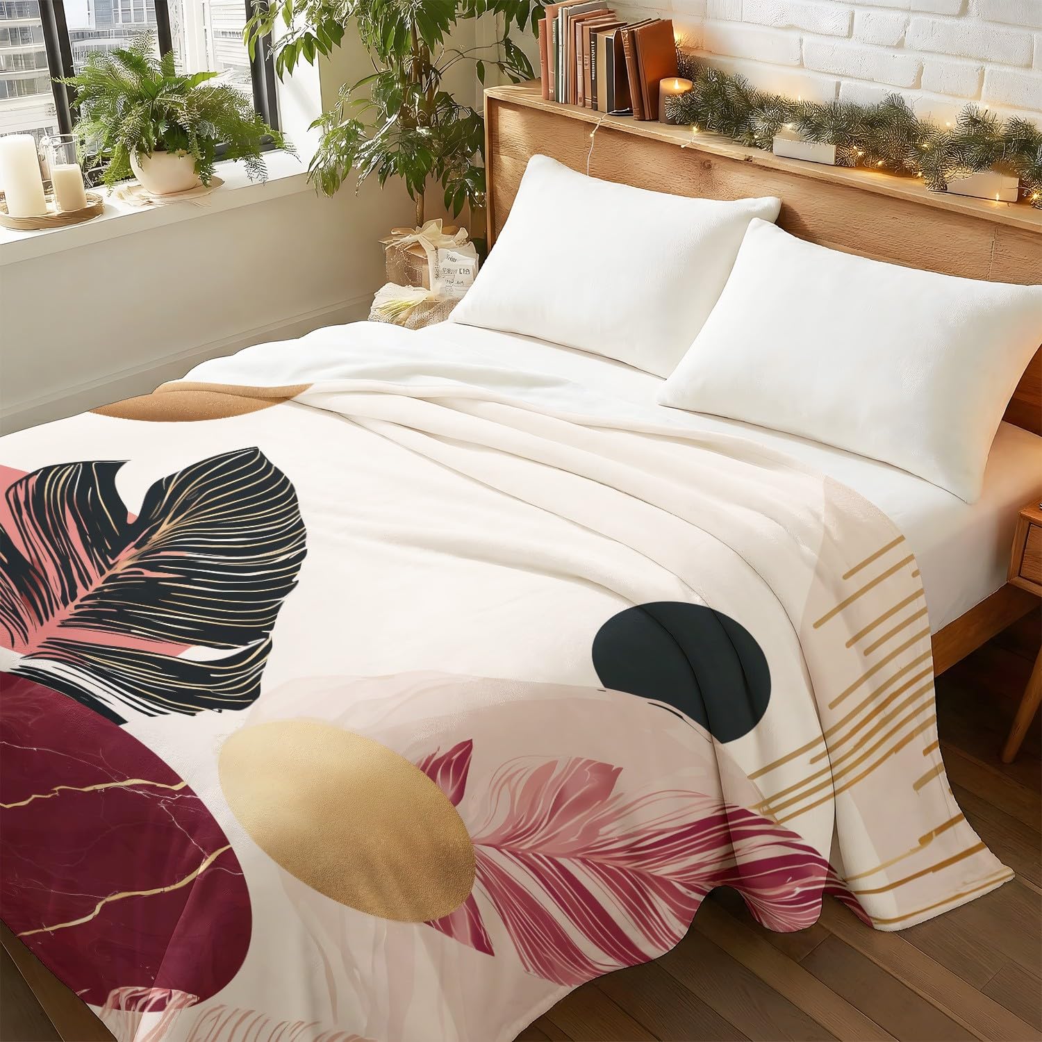 Générique Koc flanelowy w kratę 180 cm x 200 cm gruby jesienny koc polarowy ciepły, nowoczesny abstrakcyjny Boho delikatny luksusowy elegancki natura puszyste rośliny lekkie koce