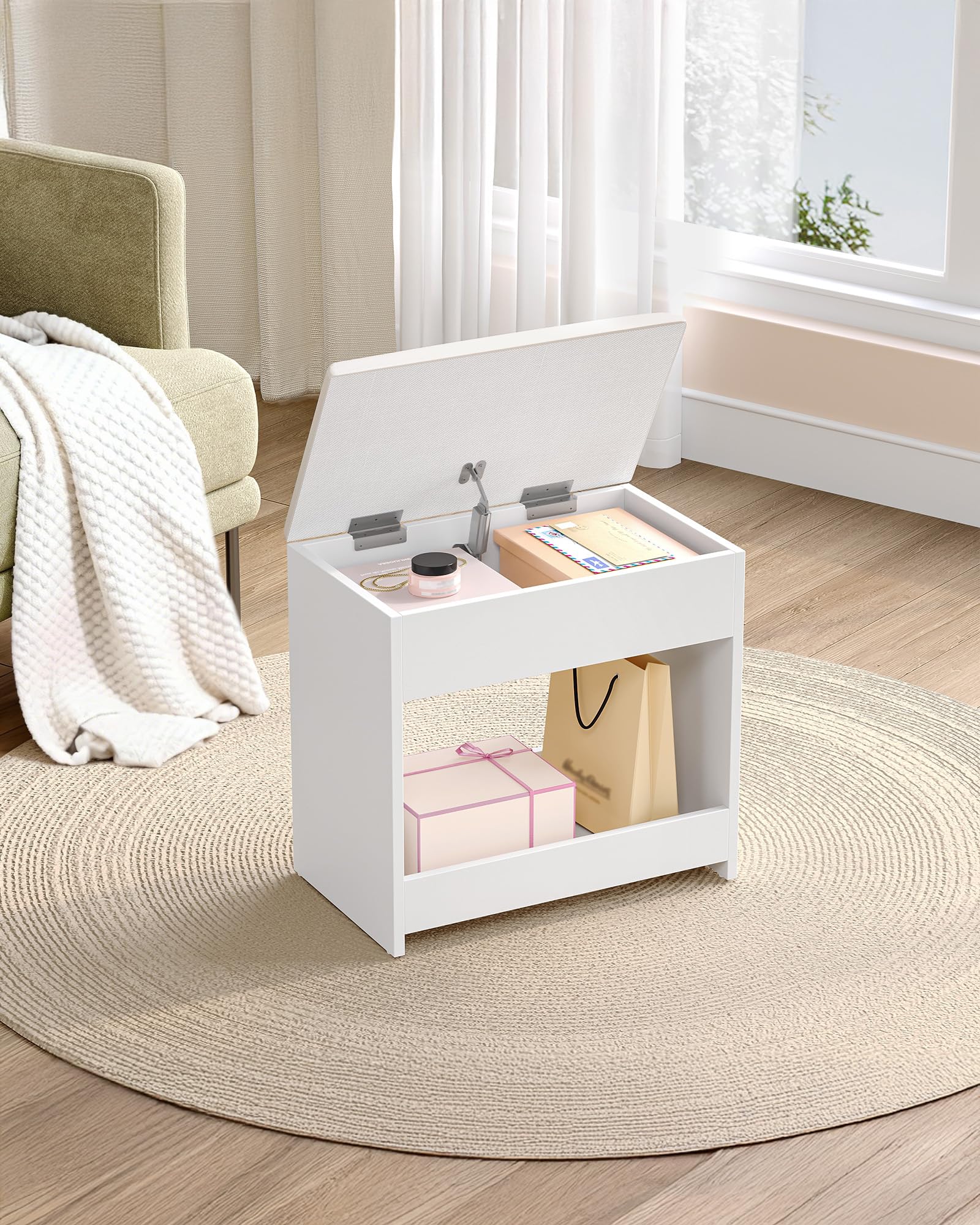 Hzuaneri Taburete de Tocador, Taburete de Maquillaje Tapizado, Blanco | Reposapiés con Almohadilla Antideslizante, Cuenta con Almacenamiento Oculto, para Vestidor, Dormitorio, Entrada, VS32703X