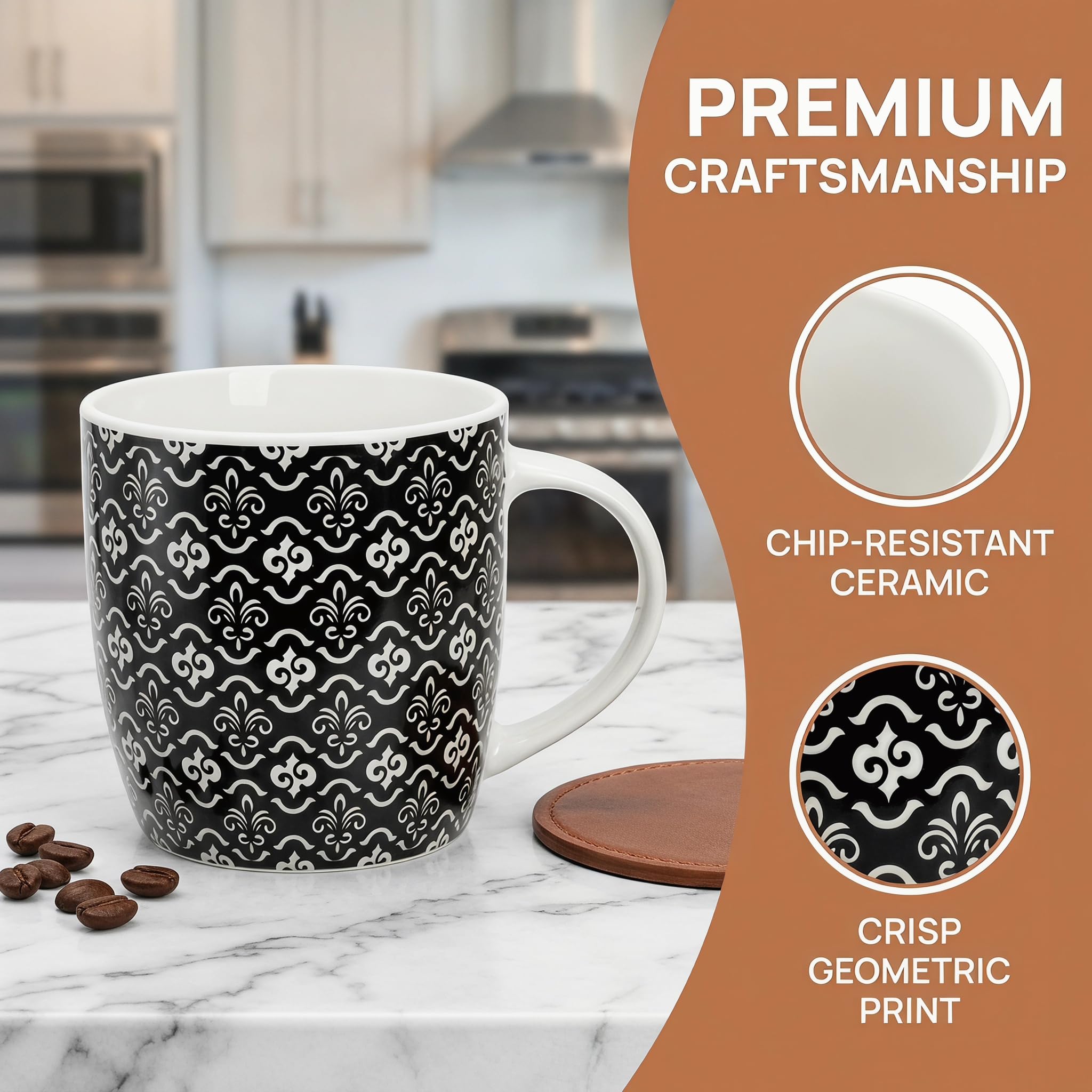 Okllen 6-pak 340 ml kubki do kawy geometryczne teksturowane, ceramiczne kubki do kawy stylowy zestaw kubków do herbaty prezent do latte, cappuccino, mleka, wody, kakao, płatków, czarno-białe