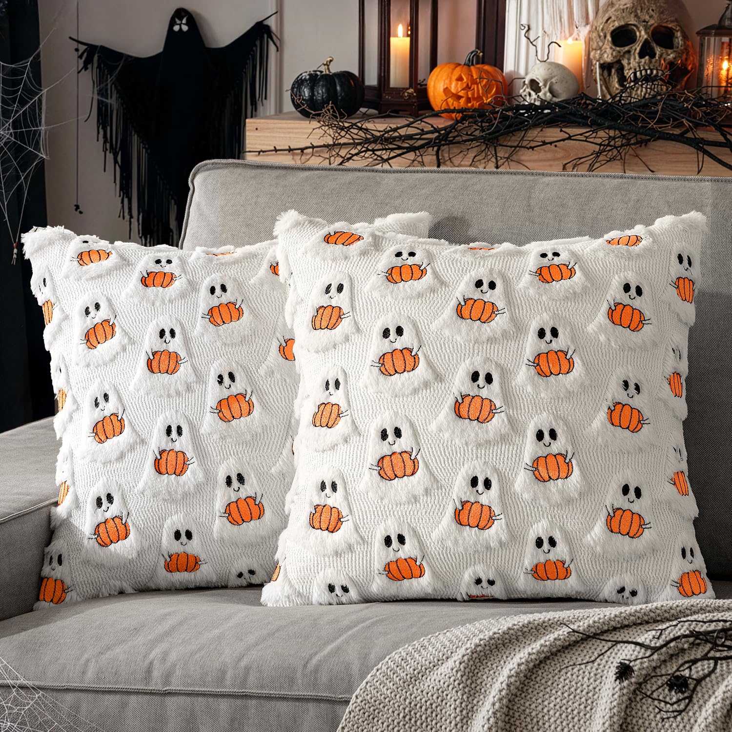 MIULEE Halloween Cushion Covers 40 x 40 cm Orange Bleached Scary Cushion Covers Polyester Sofa Cushions for Horrible Decorations and Spooky Themed Parties
