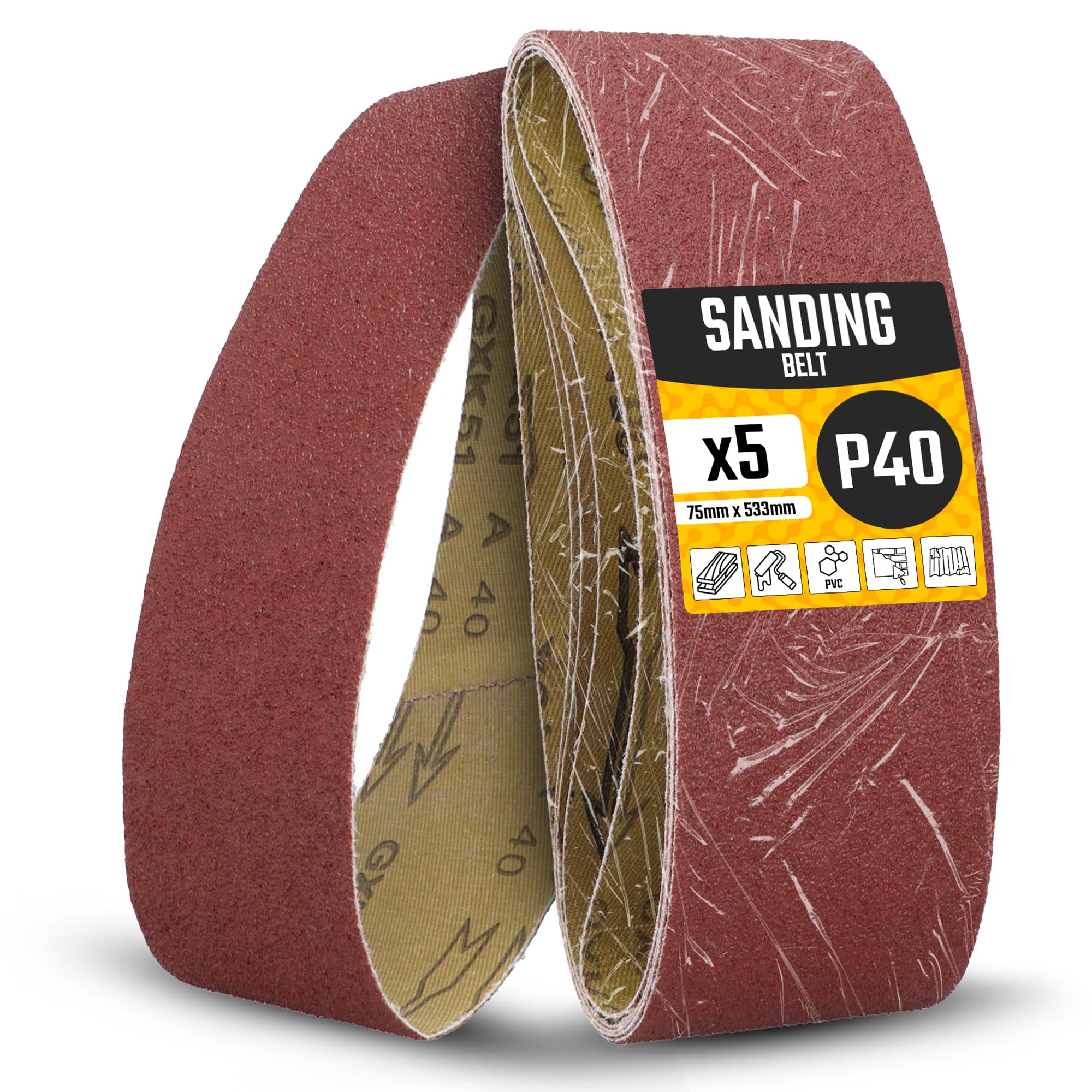 5x Nastro Abrasivo 75x533 mm P40 Levigatrice Macchina Cinghia Tessuto Carteggiatura Affilatura Sbavatura Rimozione Ruggine Legno Metallo Plastica Robusto Lunga Durata
