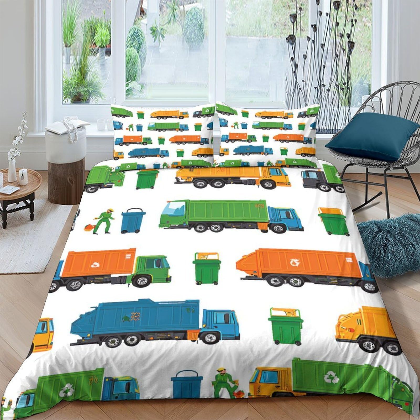 XFKLYNVCJ 3D Printed Garbage trucks Quilt Cover Breathable Fabric Cartoon illust Bedding Cover Stain Resistant Fade Resistant Couples Home Use Super king（260x220cm）