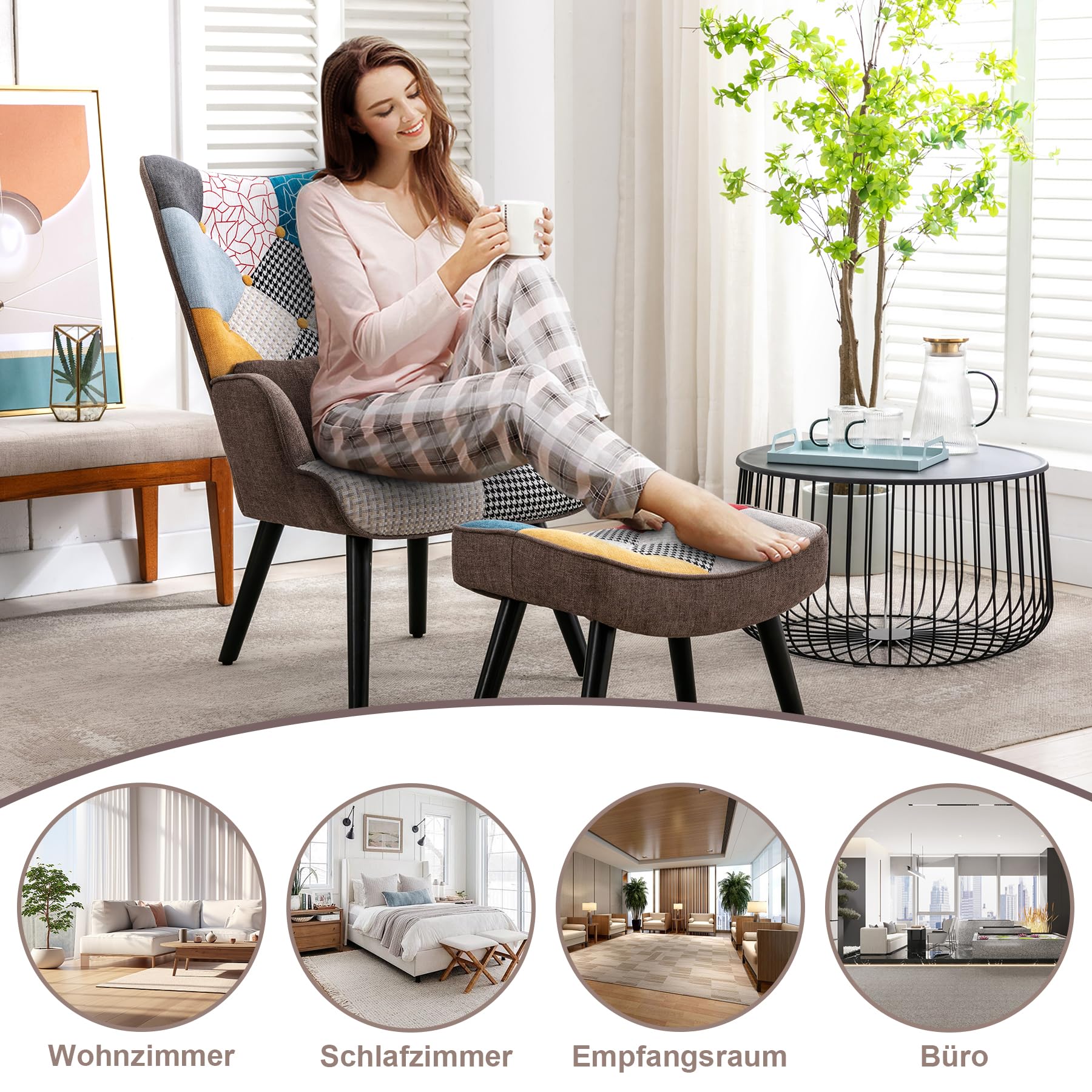 Relaxsessel mit Hocker Patchwork Sessel Holz Sessel Wohnzimmer moderner Ohrensessel mit Massivholzfüße Fernsehsessel Leinen Loungesessel Stuhl Braun