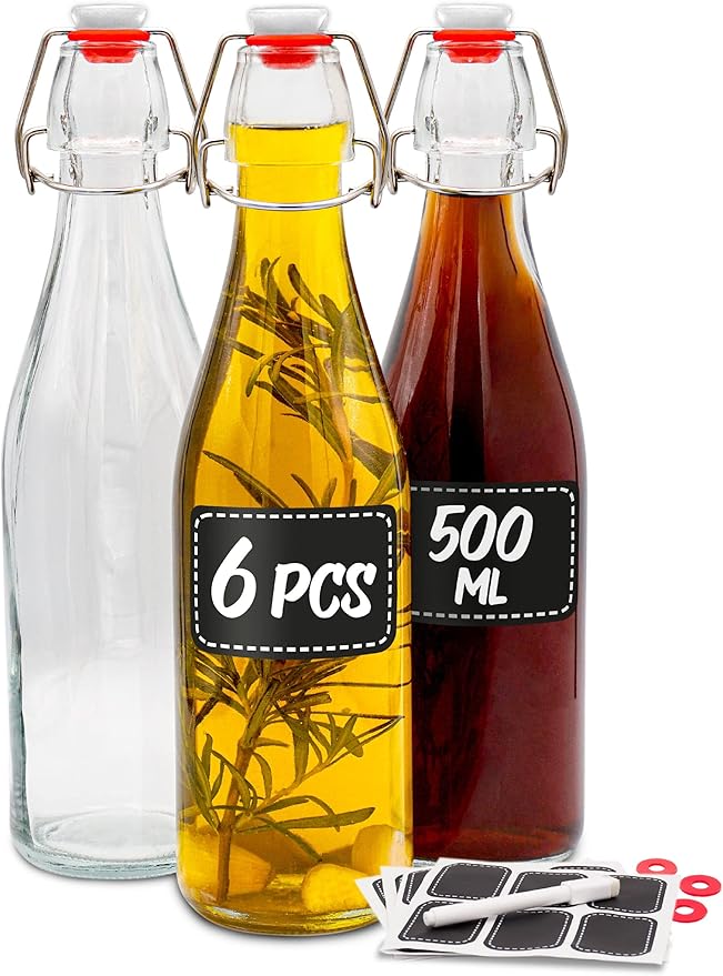 gouveo Set van 6 glazen flessen 500 ml Apotheker Vierkant met Kurk (HGK) - Fles 0,5