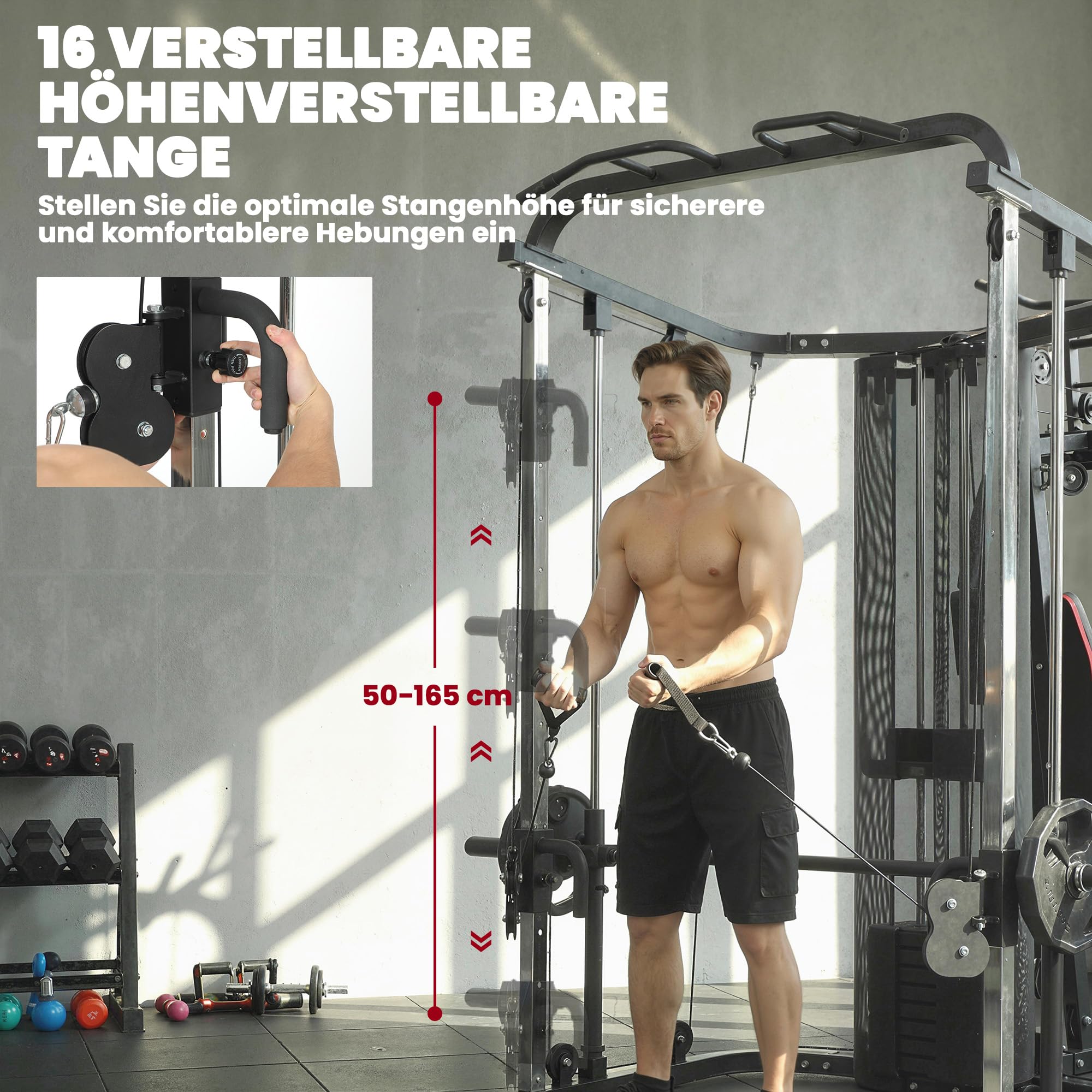 SPORTNOW Station de musculation avec poids de 65 kg, barre de traction à latte, barre papillon, banc de préacher, banc de musculation des jambes, appareil multifonction Smith Machine Multistation