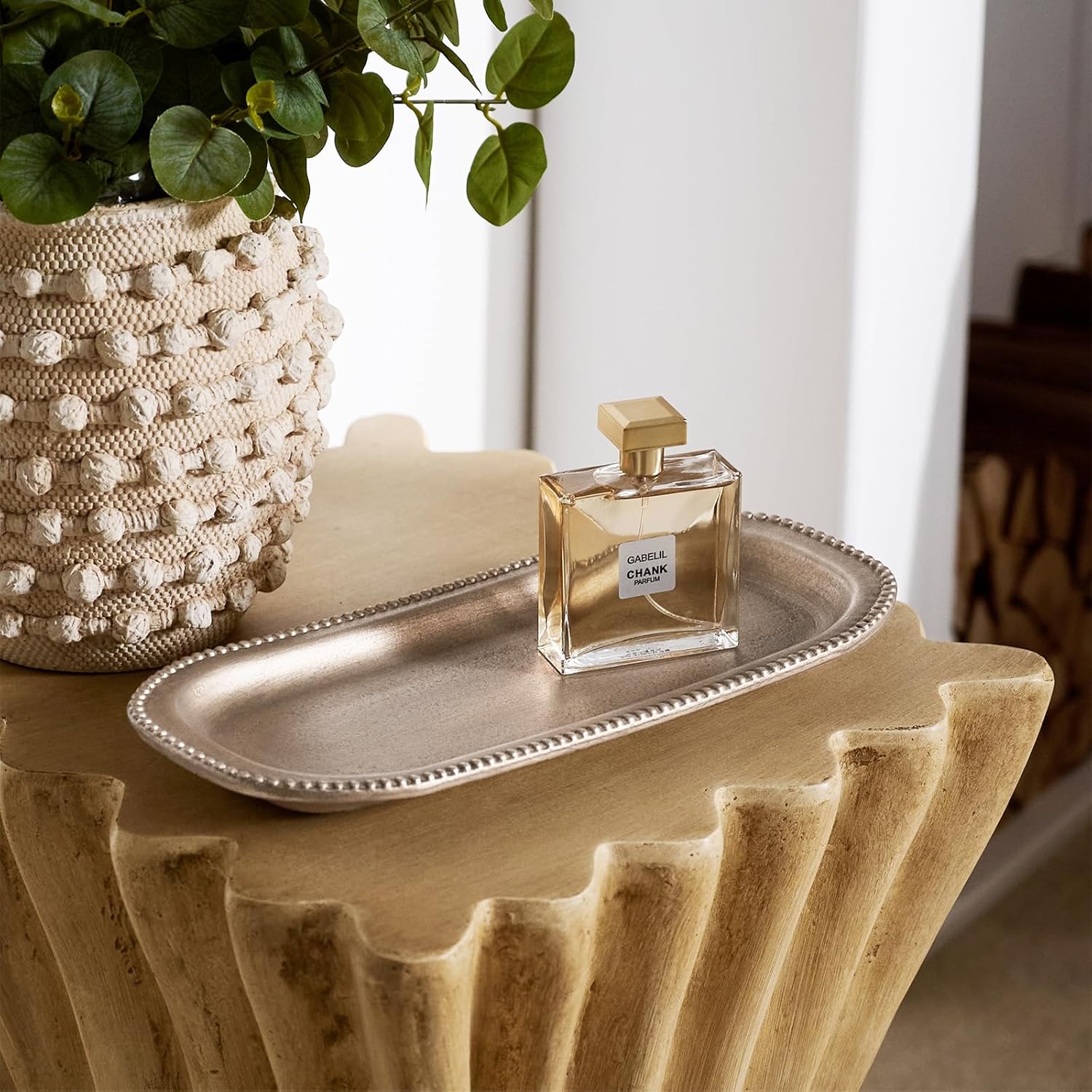 Wooden Decorative Tray, 13.9×5.9" Oval Distressed Boho Coffee Table Tray Decor, Kitchen Dining Table Trays Farmhouse Home Decor, Wood Beaded Rustic Trays for Living Room, Bathroom (Golden Brown) - Image 2