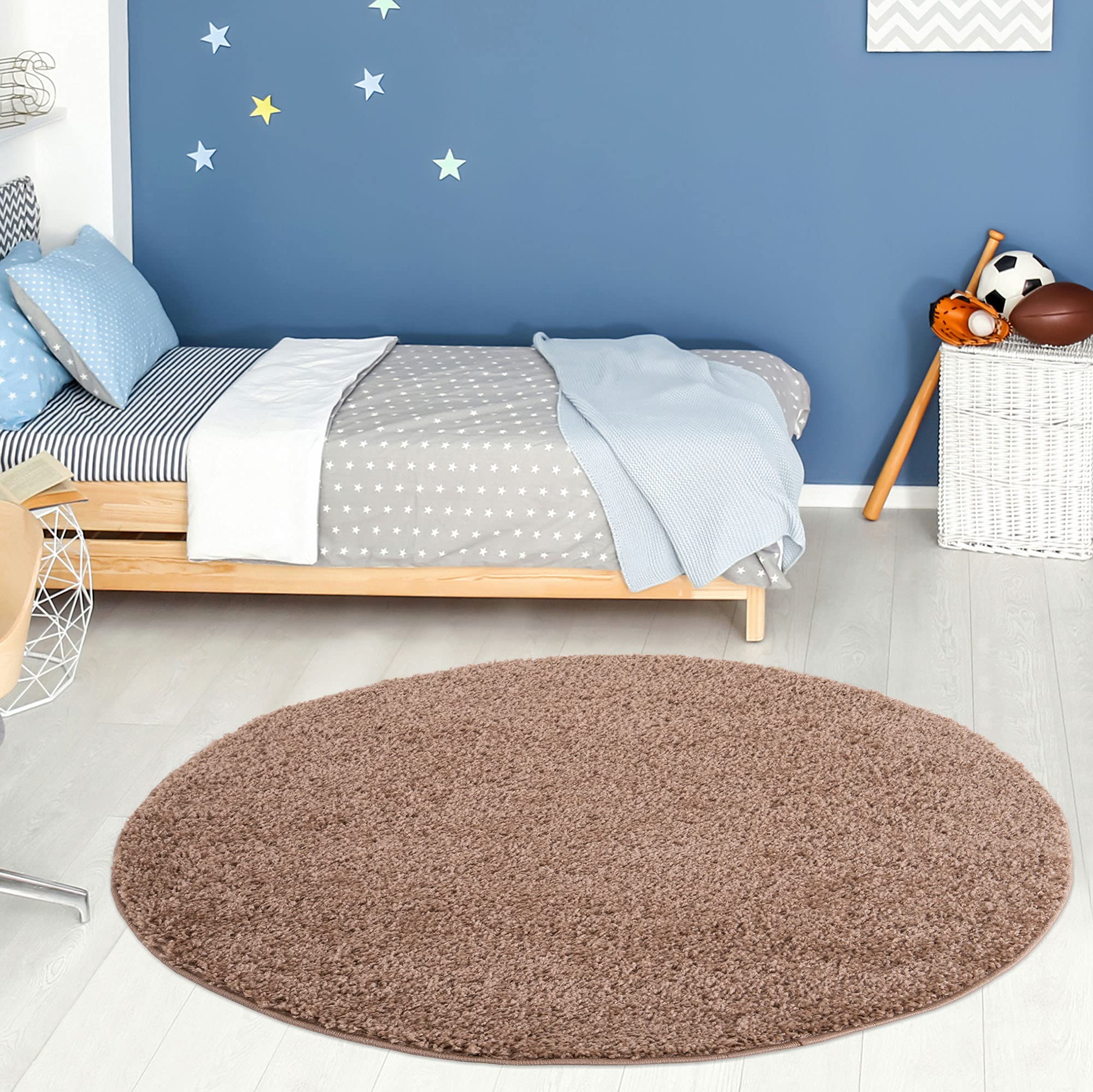 THE RUGS Beige Plain Soft High Pile Shaggy Rugs & Runners Living Room Bedroom | Size: 120cm diameter