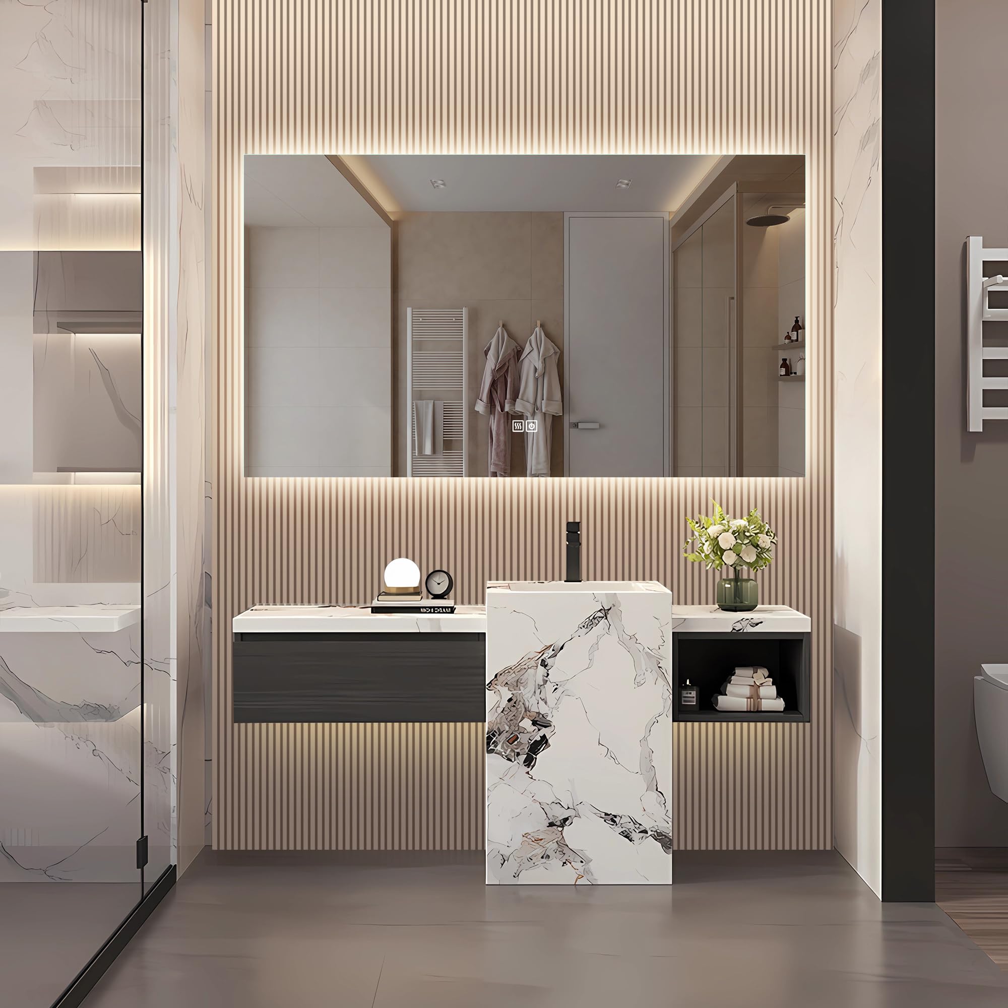 BPKADHY Espejo de baño LED con iluminación, 80 x 140 cm, espejo de pared para baño, espejo de baño con luz táctil, 3 colores, regulable, antivaho, espejo retroiluminado para baño