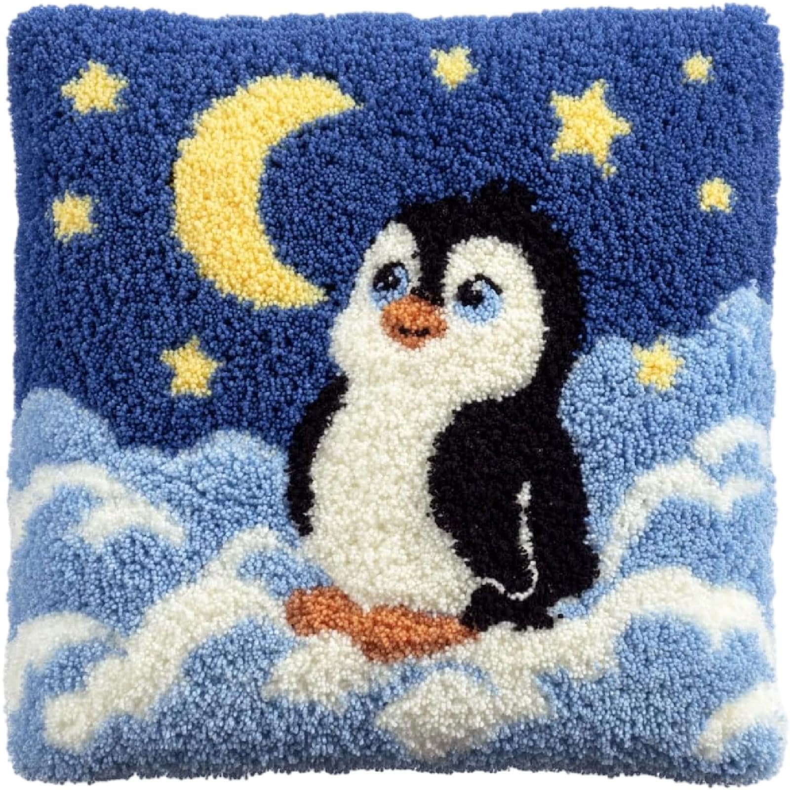ZUHK Latch Hook Cushion Kits,DIY Throw Pillow Cover Sofa Cushion Cover Rug Shaggy Decorations fit for Home Sofa and Bedroom Decoration,43x43cm (Penguin)