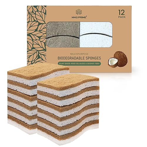 Natural Kitchen Sponge –12-Pack Biodegradable Sponges for Dishes –Compostable Dish