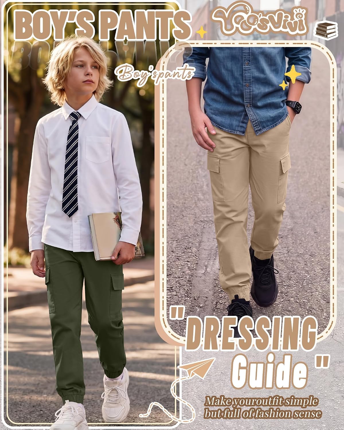 Yooo's Vivi 3 Pack Boy's Uniform Pants School Cargo Elastic Waist Jogger with Pockets Stretchy Pull on Belt Loops 6-14 Years