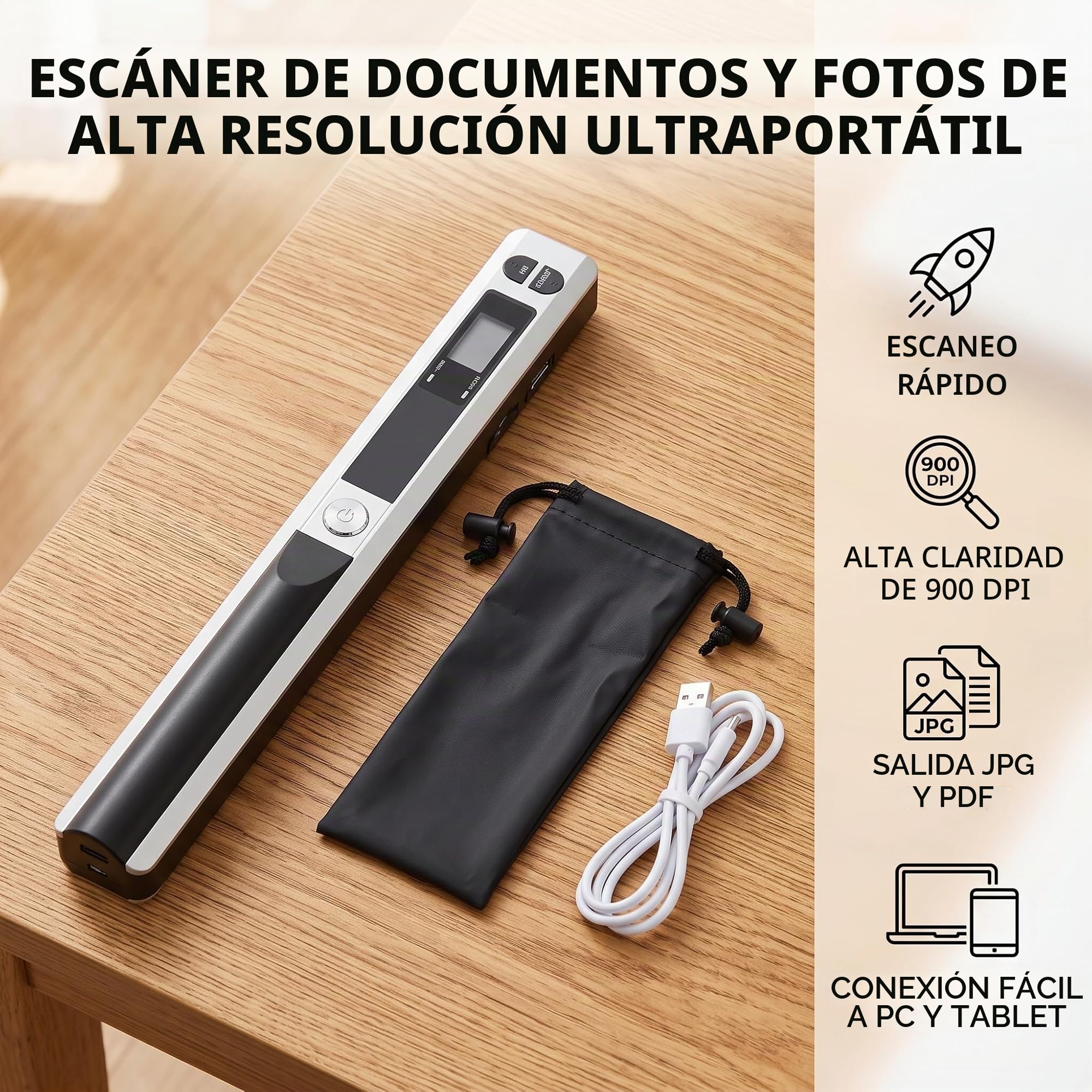 Escáner Portátil USB 2.0 para Documentos Fotos Libros y Recibos 300 600 900 dpi Escaneo Rápido Formatos JPG PDF Color Plata Escáner de Mano Escáner de Sobremesa