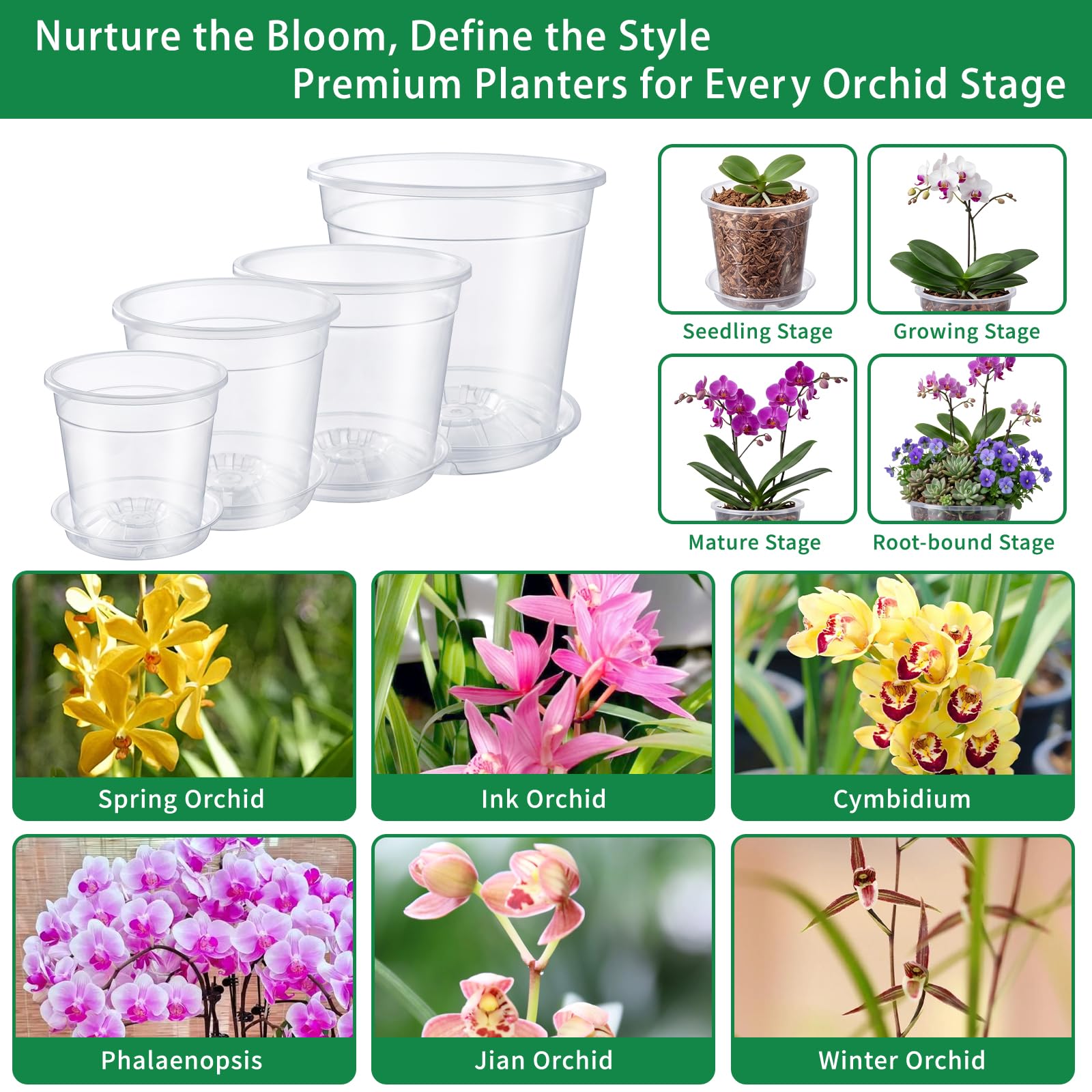 KATIMI Lot de 15 pots à orchidées avec drainage, 11 cm/15 cm/17 cm/21 cm, pots de fleurs transparents épais avec drainage, pots de fleurs en plastique transparent, pots à orchidées durables pour