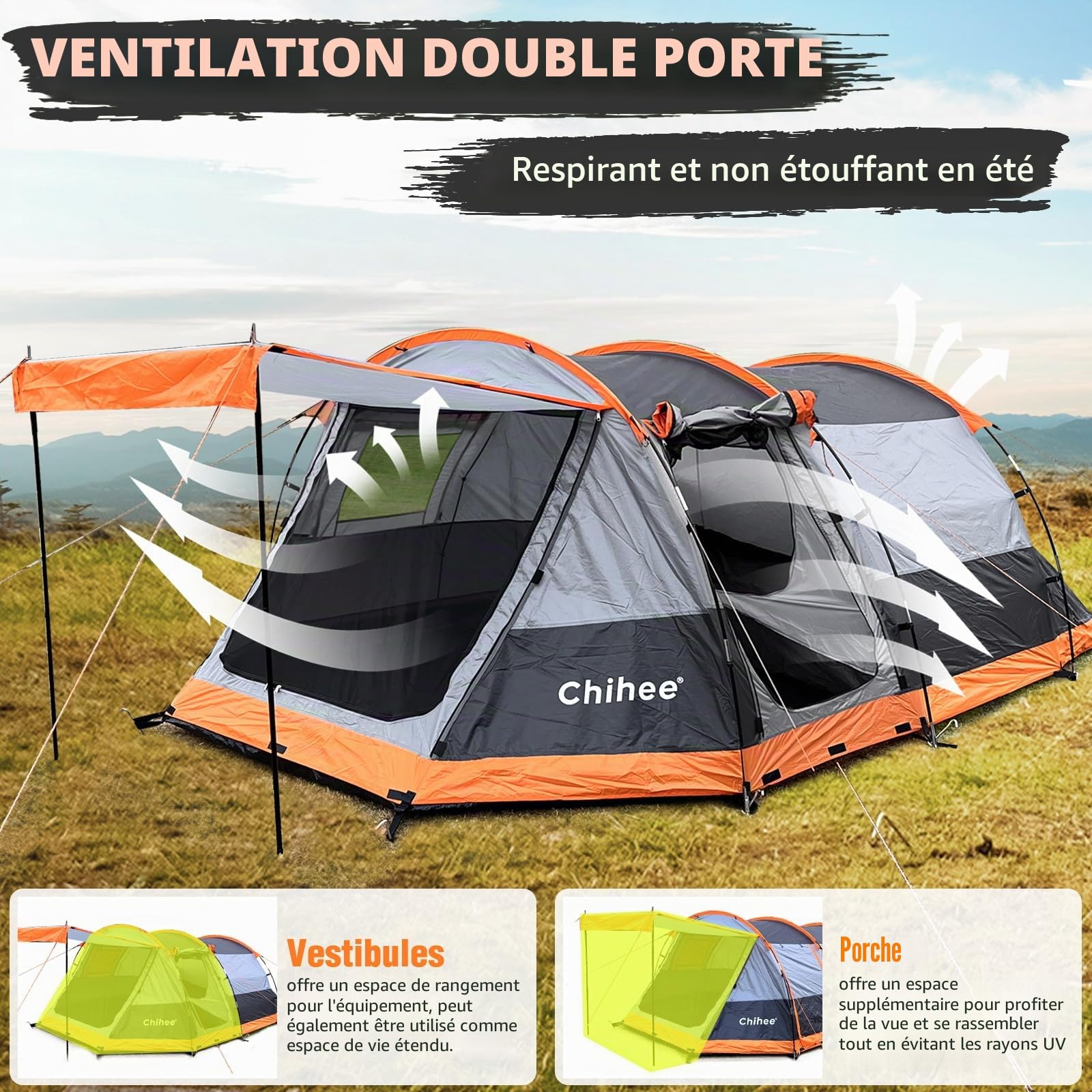 Chihee Tente de camping tunnel 4 personnes tente familiale avec 2 portes extra résistant aux intempéries tente 4 saisons avec double tapis de sol imperméable avec sac de transport pour voyage en plein