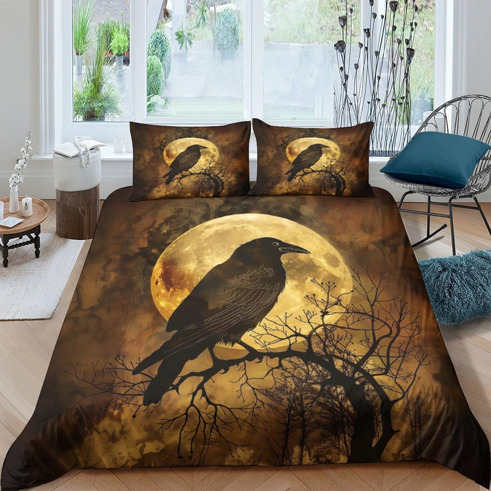 Ctjqhvkz Style-5 3D Printed Raven Moon Fitted Sheet Microfiber Soft Gothic Forest Mattress Cover For Bedroom Dorm Décor Single（135X200cm）