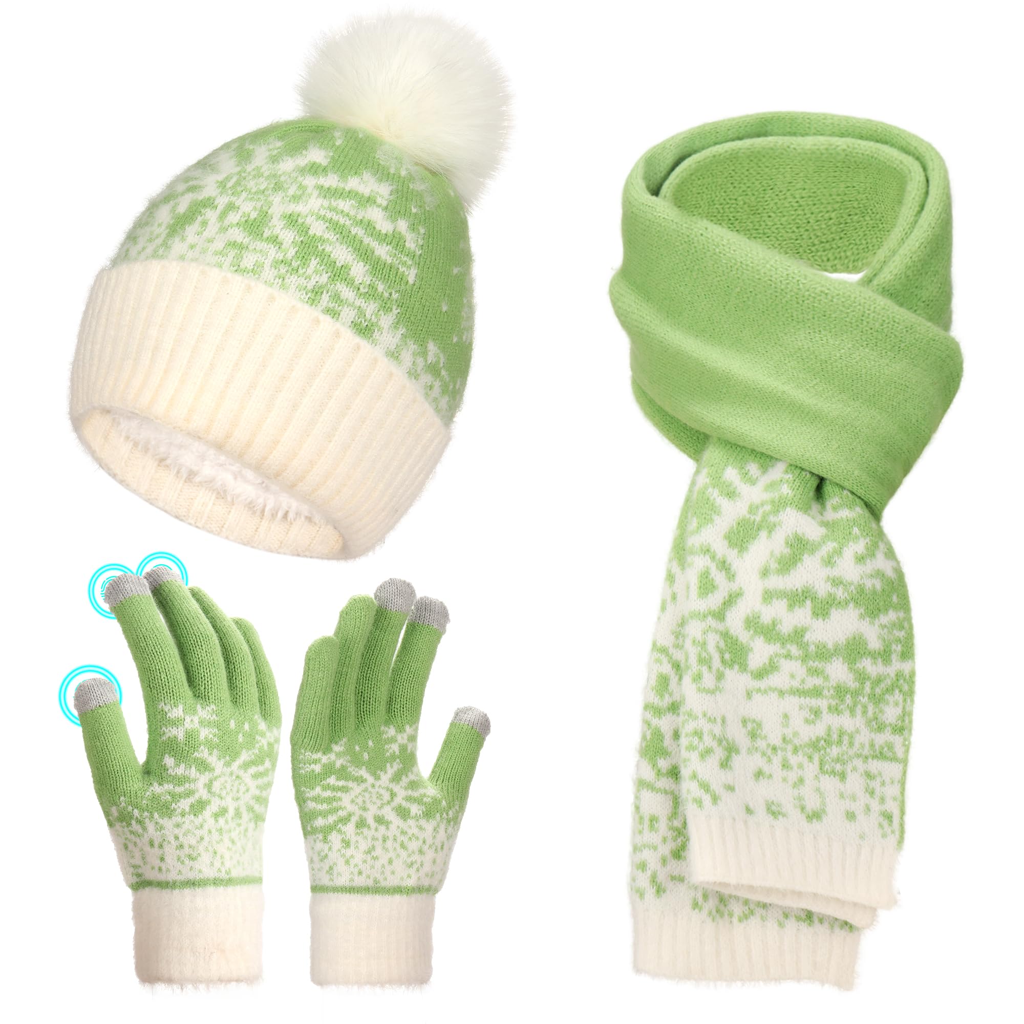 Geebuzz Women's Green Winter Hat Scarf Gloves Set For Fleece Lined Knit Beanie Hat With Pom Pom Touchscreen Gloves Long Scarf (Green)