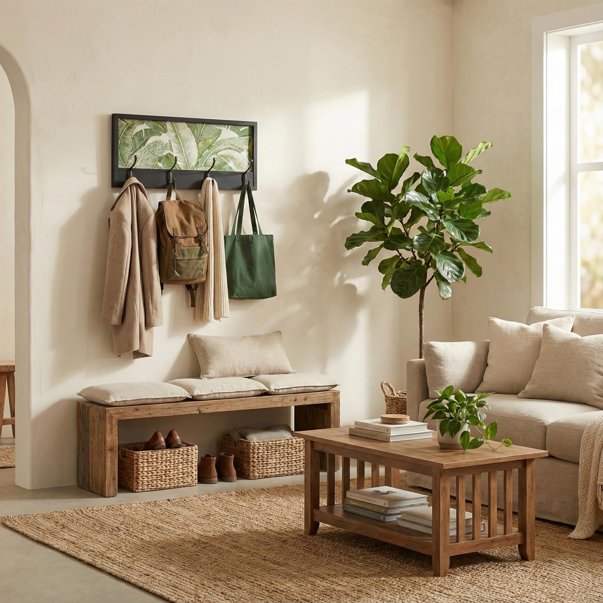 Perchero de Pared de Madera | 52×25 cm | Hecho en España | 4 Ganchos Dobles (8 Colgadores) para Ropa y Abrigos | Diseño Decorativo Funcional | Colgador Entrada, Salón, Oficina (Nature/Boho Negro)