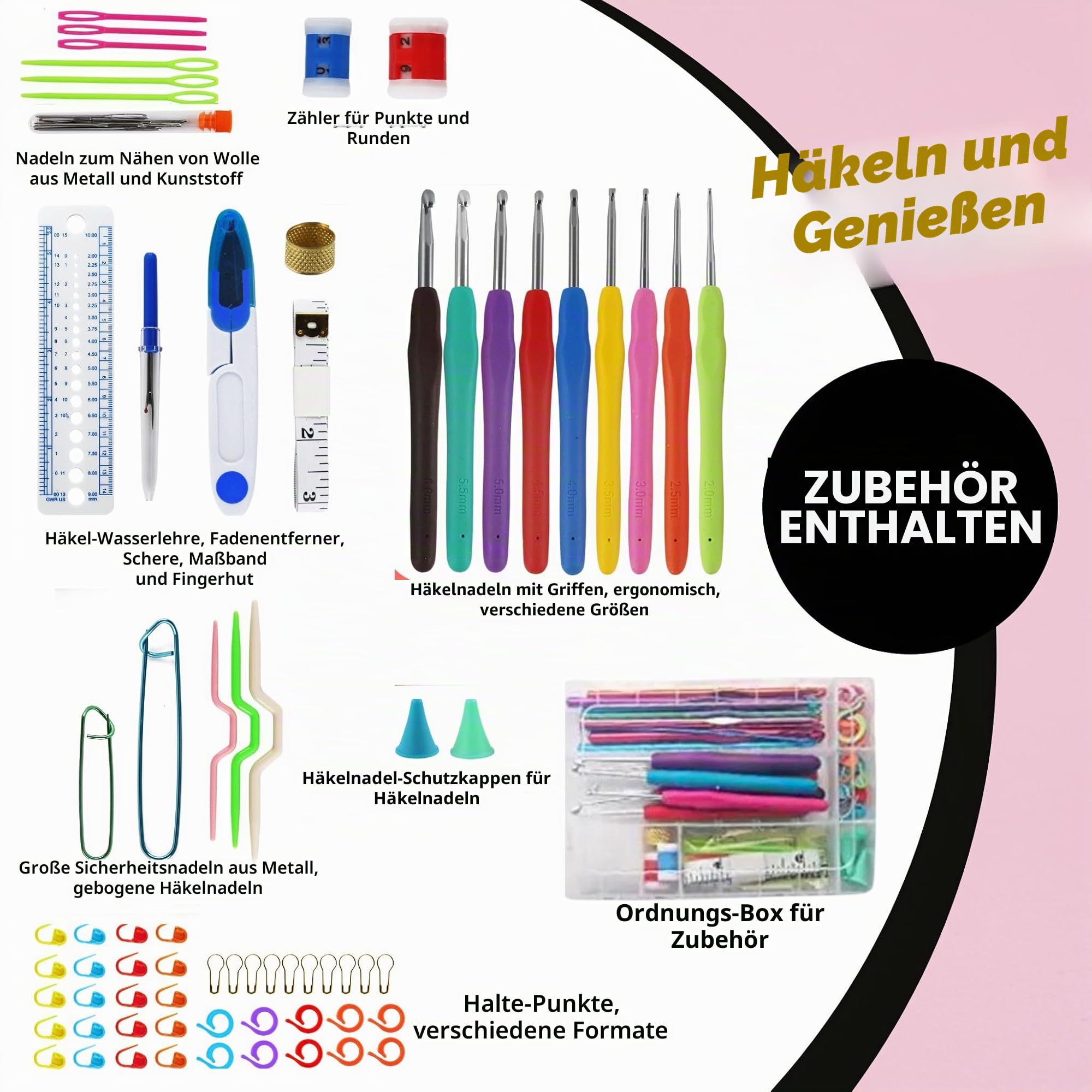 SusggO 104-teiliges Komplettset für Anfänger zum Häkeln Amigurumi-Häkelset – 30 Knäuel Milchbaumwolle Zubehör Häkelnadeln Handbuch Video und Tasche – Komplettset zum Häkeln – DIY-Häkel-Set