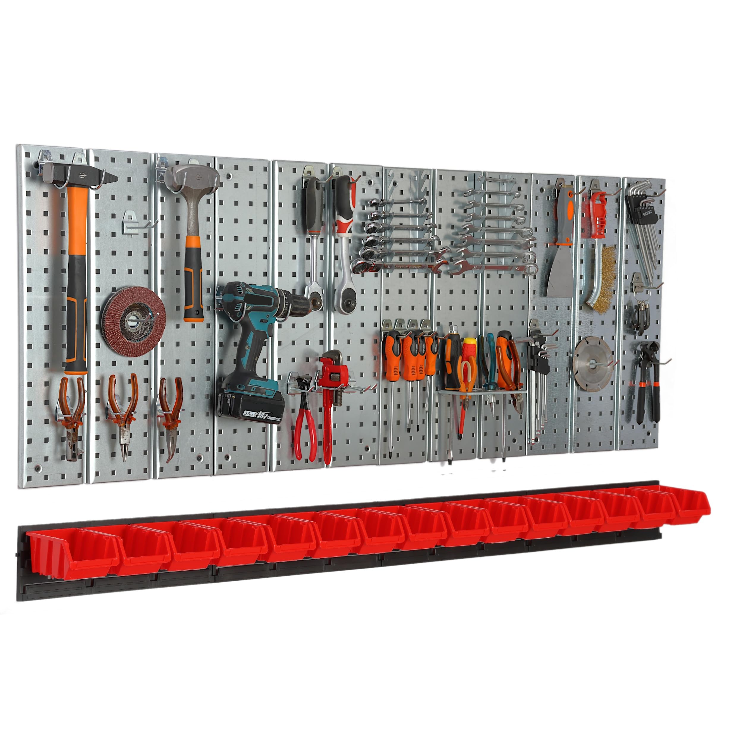 Parete degli attrezzi in metallo, 156 x 72 cm, sistema di stoccaggio con portautensili, ganci per attrezzi e 15 scatole impilabili, 100 x 150 x 70 mm, colore: rosso, tavola forata per officina,