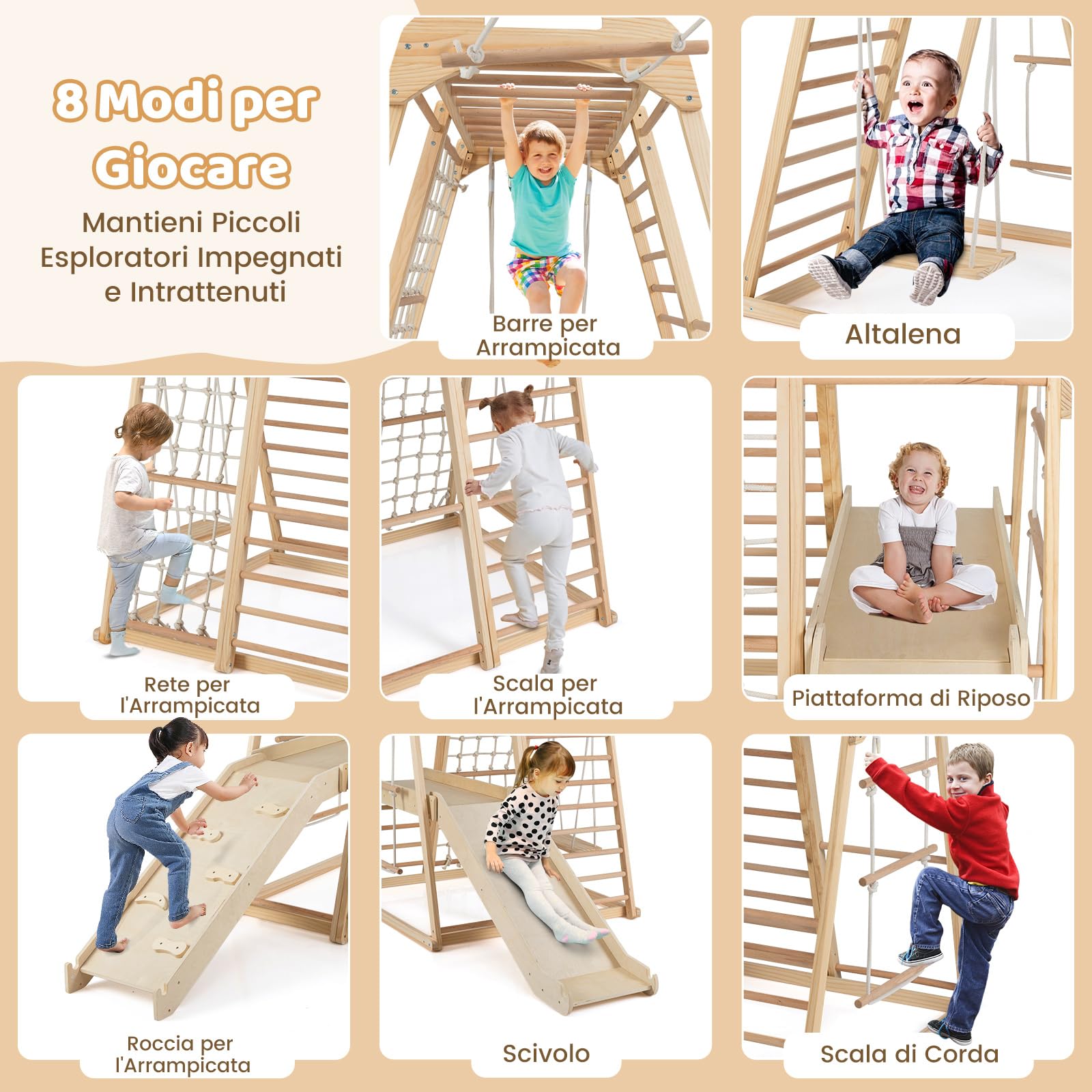 RELAX4LIFE 8 in 1 Set da Arrampicata per Bambini, Parco Giochi in Legno con Scivolo, Altalena, Scala a Corda, Giochi Montessori Educativi per Bambini 3+ Anni (Naturale)
