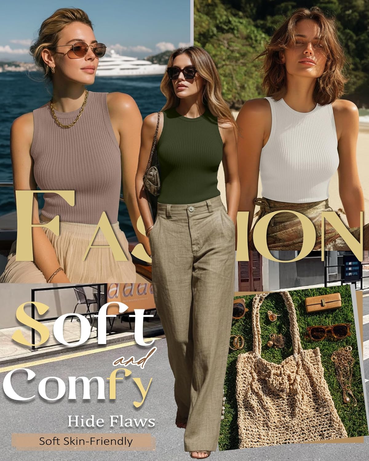 3 Pack Women's Ribbed Tank Tops Crew Neck Sleeveless Knit Tees Cotton Slim Fitted Basic Cami Shirts Tees - Image 6