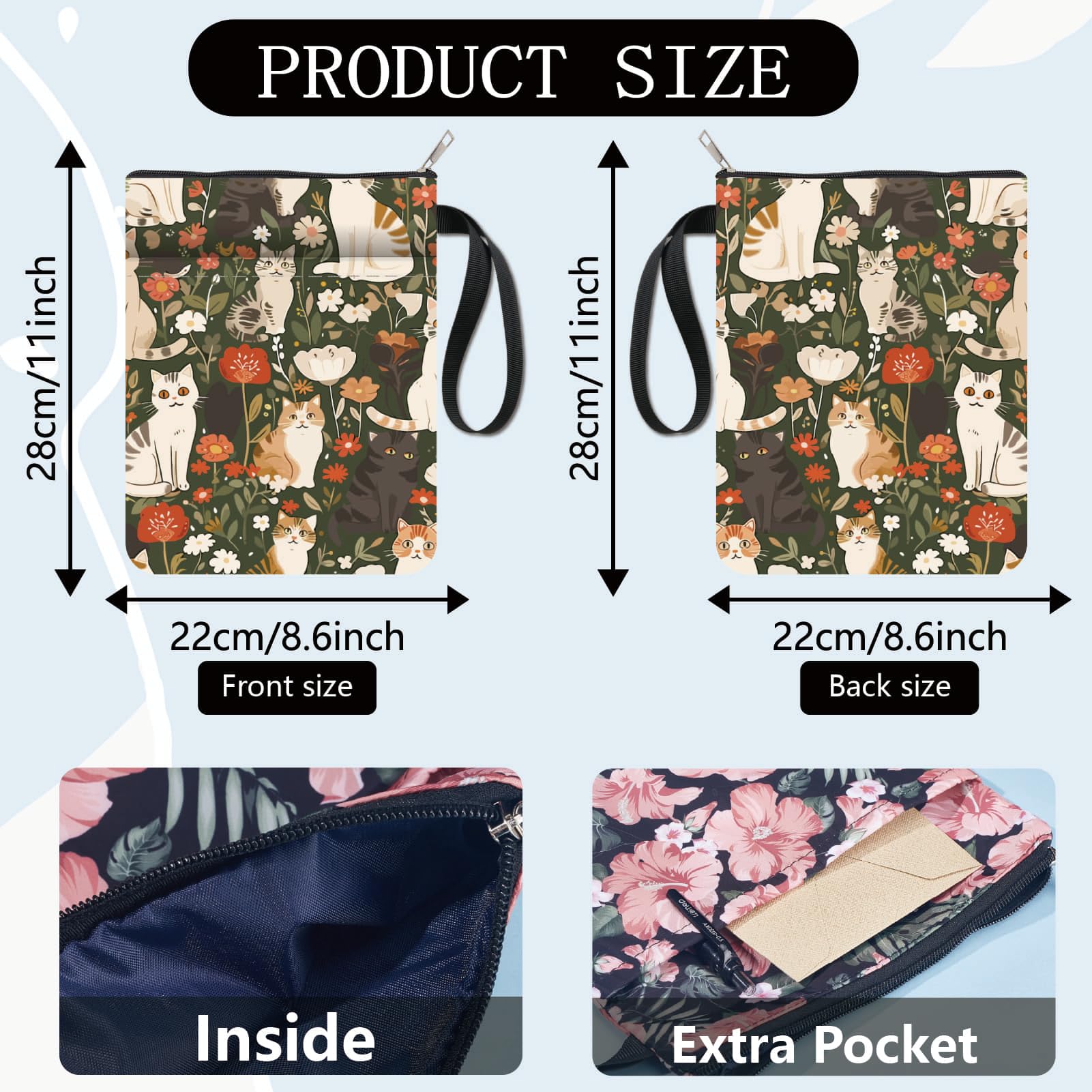 CRASPIRE Cat Book Covers Flower Book Protector Plant Book Sleeve for Paperbacks Washable Fabric Cloth Book Cover with Zipper and Extra Sleeve Pocket for Book Lovers Classmate Gifts - Image 2