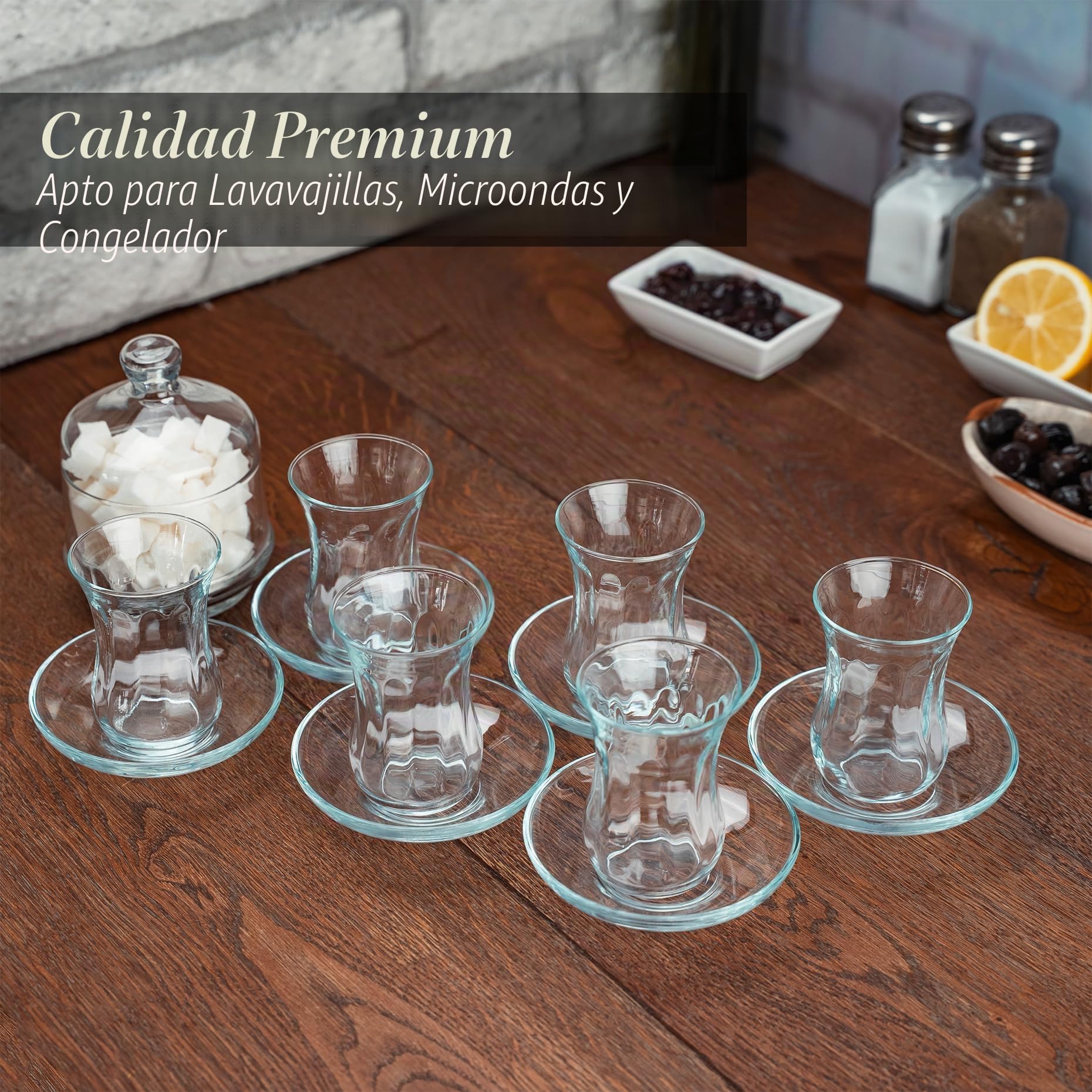 Juego de Té Turco Tradicional con Diseño,13 Piezas, Incluye: 6 Tazas de Té de Vidrio (115 ml/4 oz), 6 Platillos y un Azucarero con Tapa de Vidrio (260 ml/8,7 oz)
