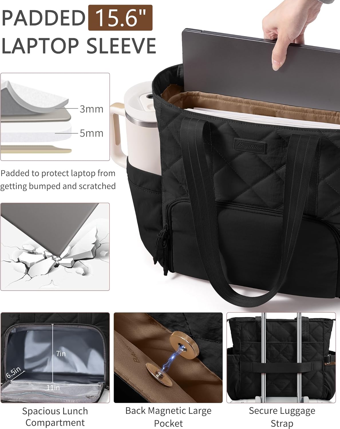 Puffer Lunch Tote Bag for Women, 15.6 Inch Laptop Work Bag with Insulated Lunch Compartment & Large Cup Holder, Lightweight Quilted Puffy Lunch Box Purse for Teacher Nurse Travel Office Daily School