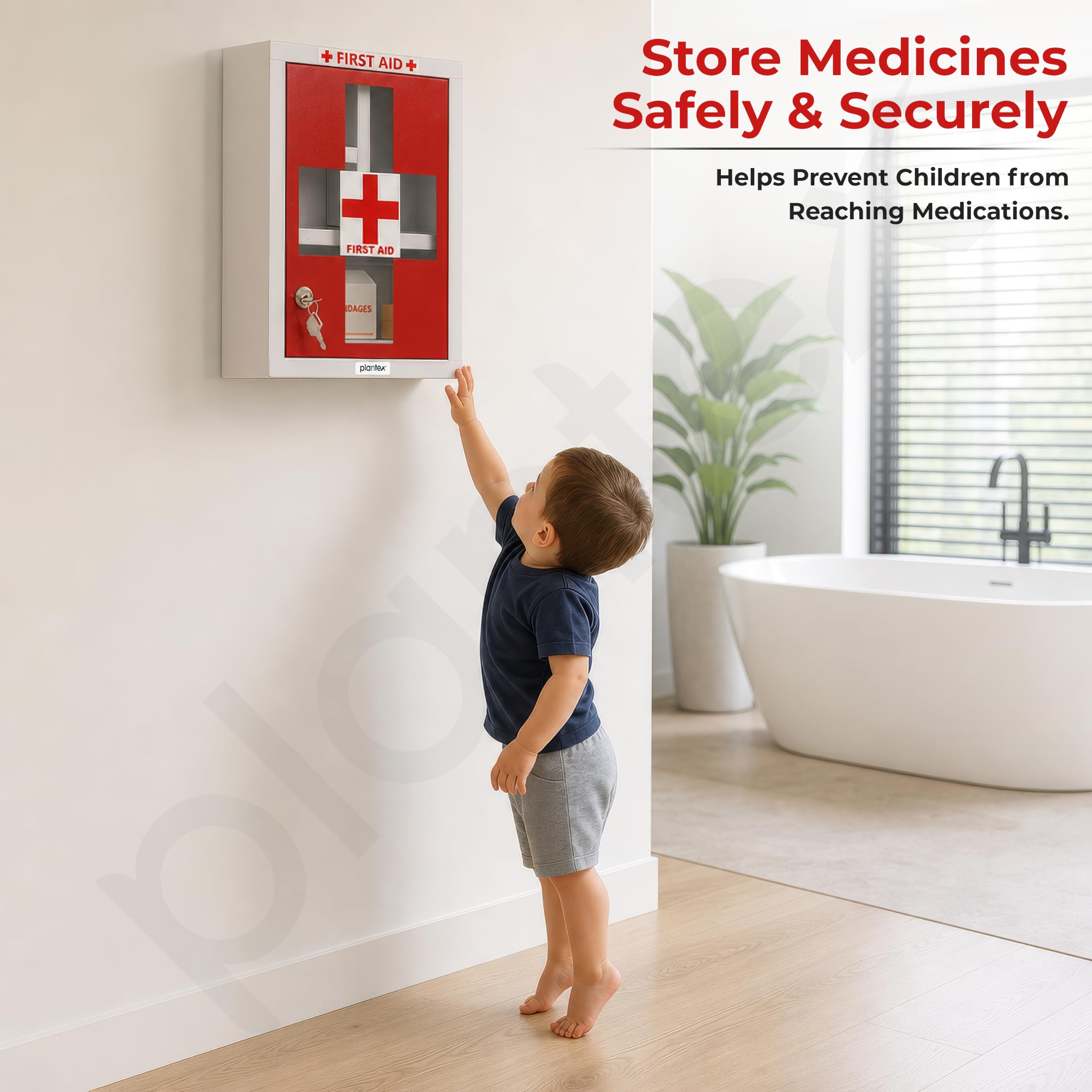 Plantex Metal Emergency First Aid Box for Home/Medical Boxes for Medicine Storage with Multi Compartments for School, Office - with Lock (Red & White) Big Size, Wall Mount 3