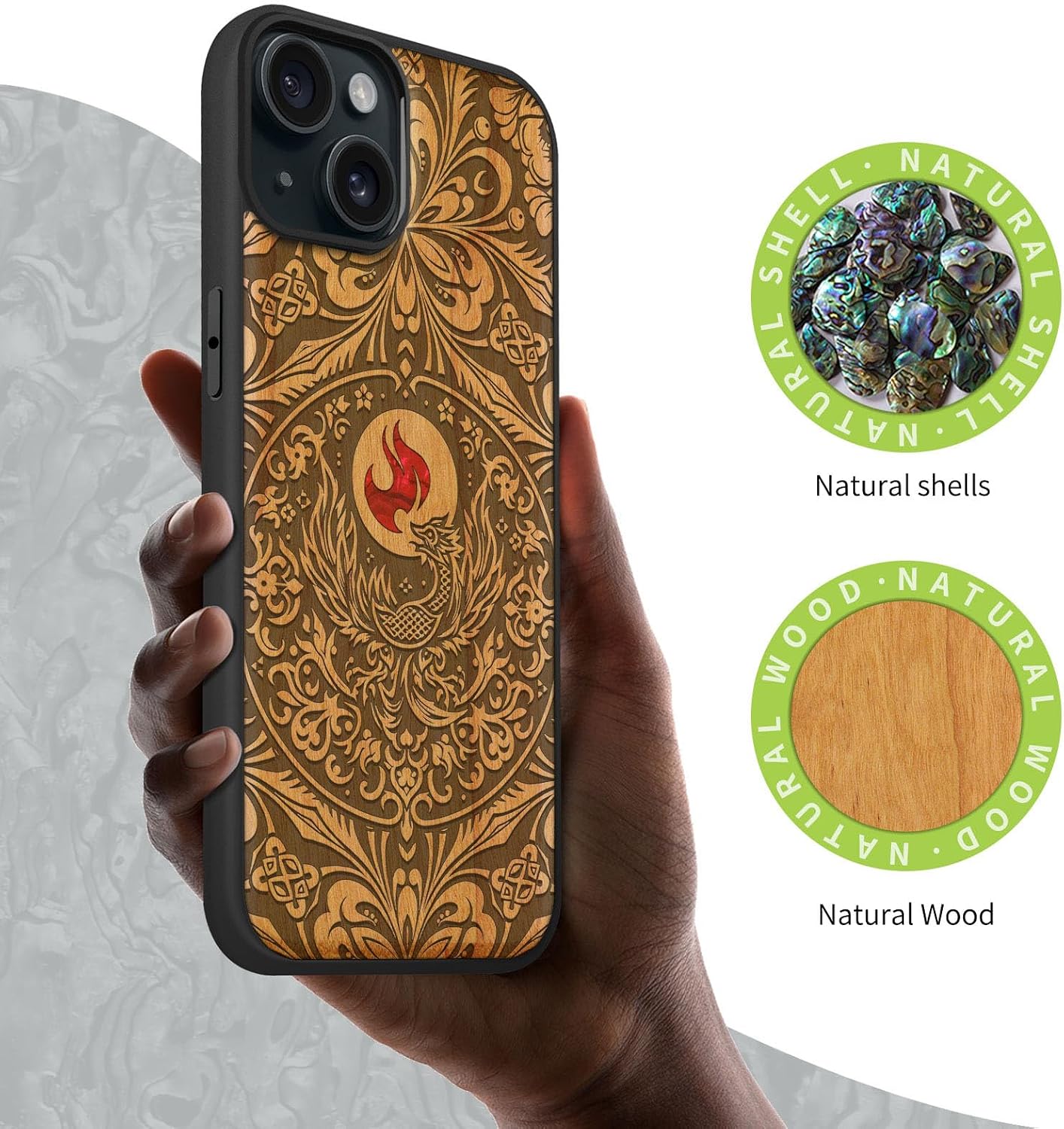 Carveit Wooden Case for iPhone 15 Plus Magnetic Case, Compatible with MagSafe Wireless Chargers, Shockproof Cover, Handmade Shell Inlaid & Wood Artisan Engraved (Phoenix in Symmetry) Cherry