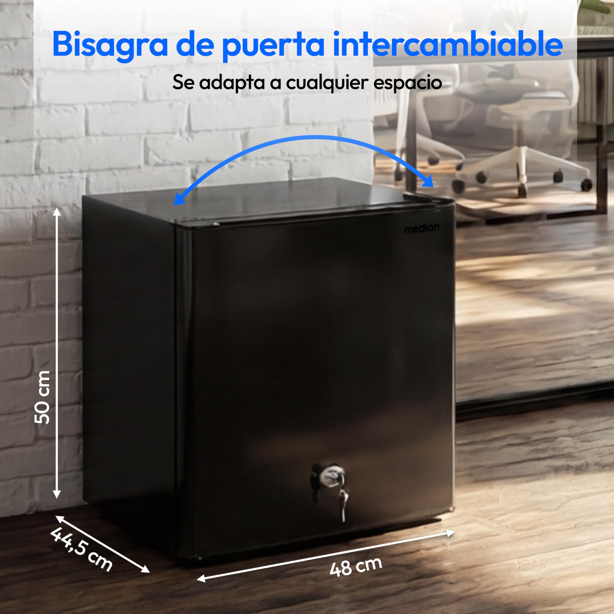 MEDION Mini frigorífico con cerradura y congelador 42 L, silencioso pequeño frigorífico para oficina hotel minibar camping gaming, bebidas alimentos hielo, puerta reversible, MD 370001 negro