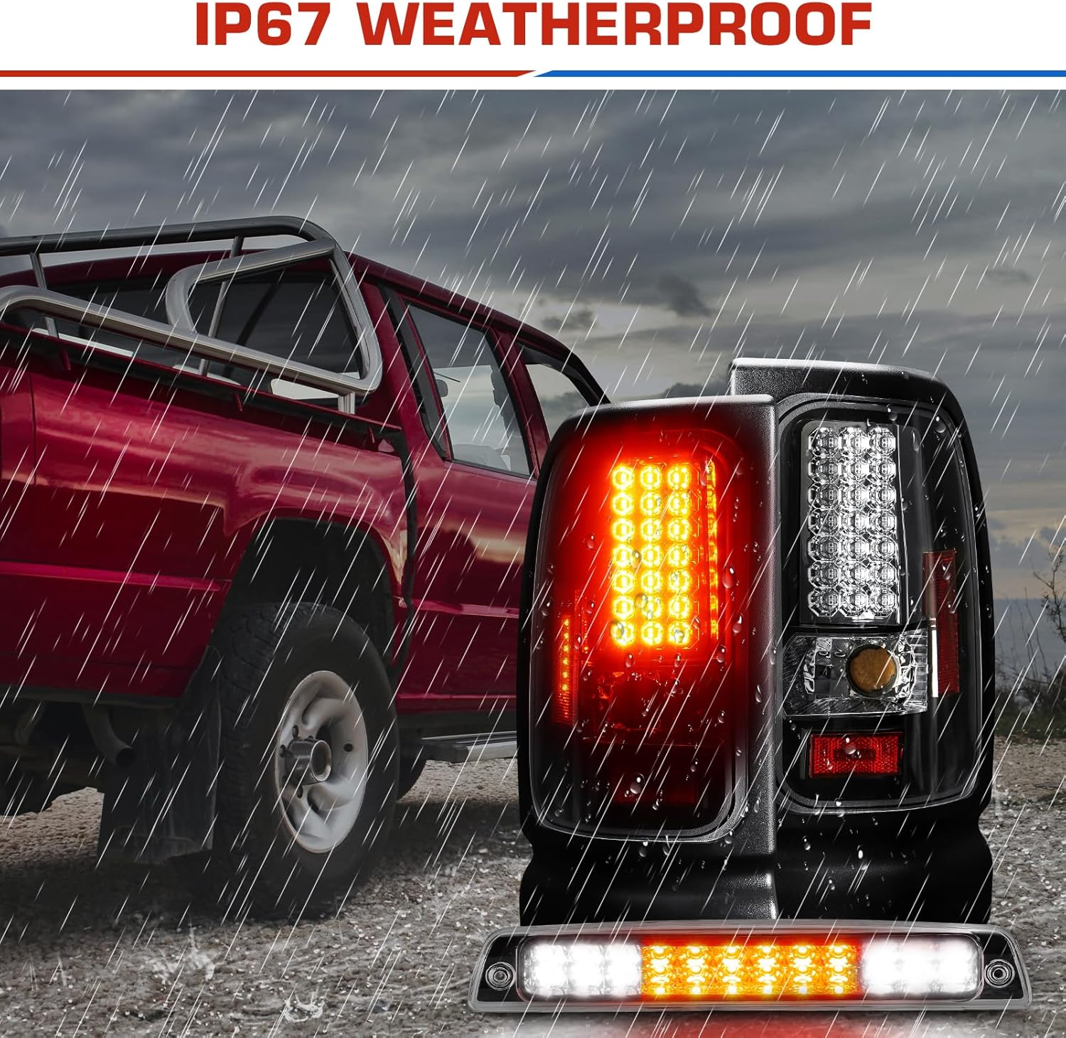 3PCs Led Tail Lights Assembly, Tail Lights Pair+3rd Brake Lamp Fit for 1994-2001 Ram 1500, 1994-2002 Ram 2500 3500, Clear Lens, Only Fit Factory Incandescent Models