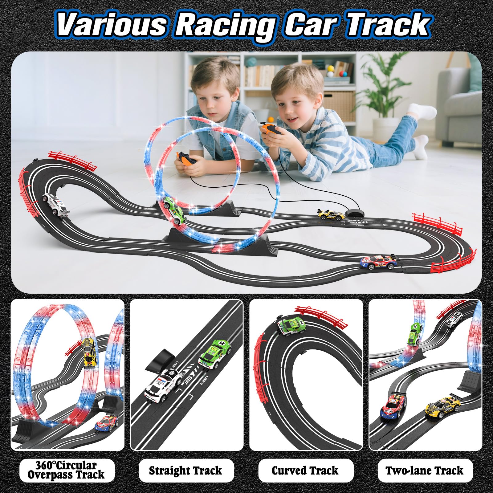 Juego de pista de carreras 2 en 1 con 4 autos de alta velocidad, pista eléctrica, juego de carreras dual con 2 controladores, diseño de paso elevado circular con pistas flash. Regalo de juguete para 4