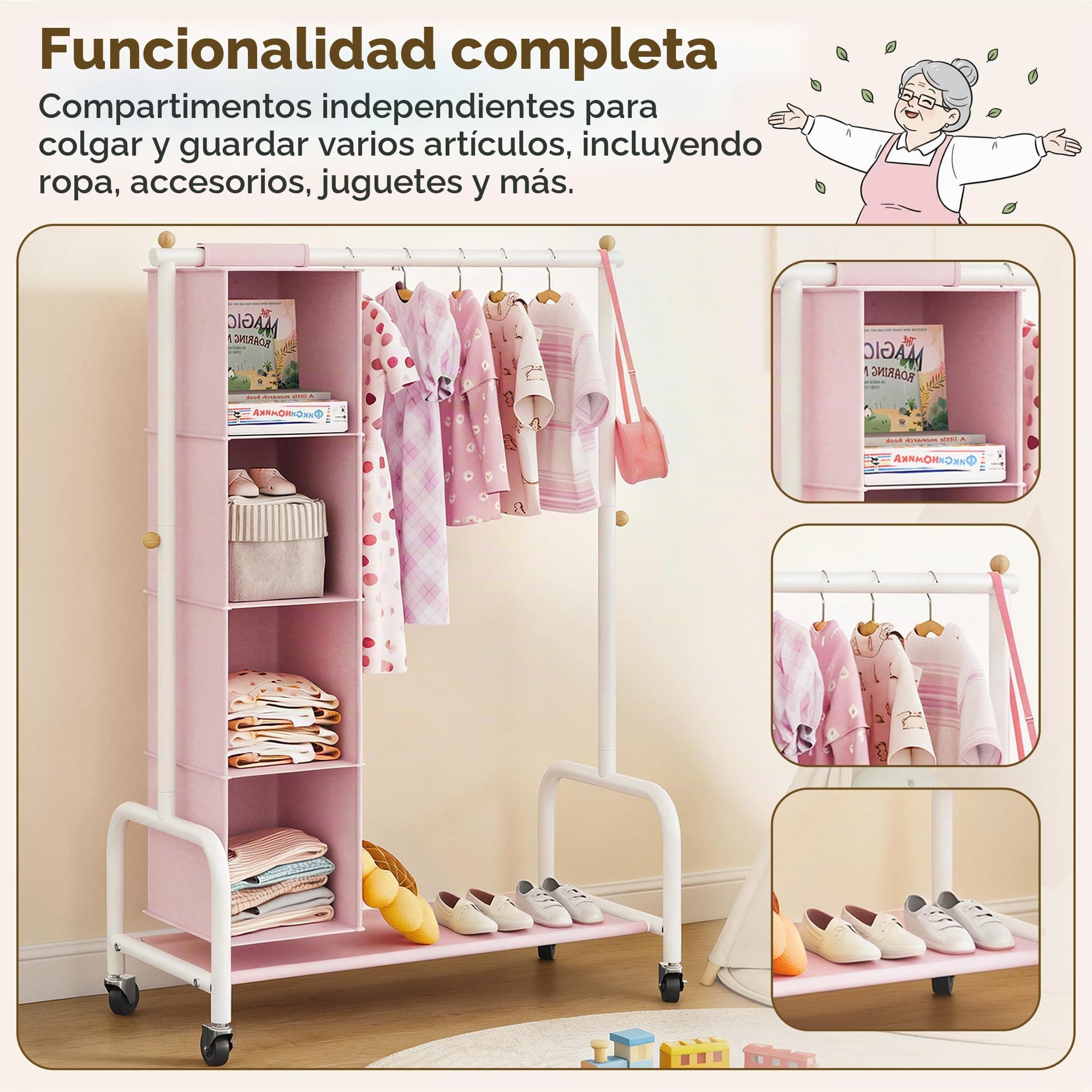 GRANNY SAYS Perchero Infantil con Organizador Colgante, Perchero con Ruedas para Disfraces Infantiles, Perchero para Ropa de Niños, Perchero para la Habitación del Bebé o la Guardería, Rosa/Blanco