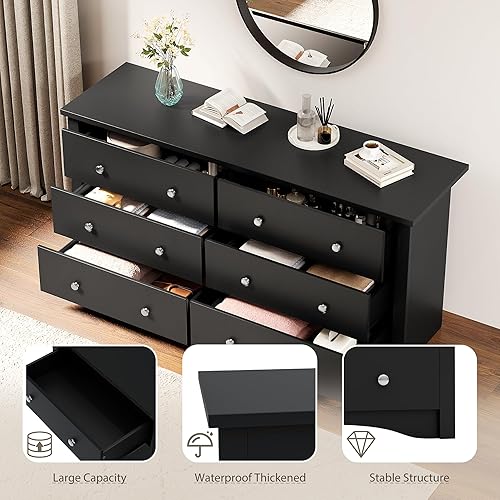 Miniatura 4 de YESHOMY Cómoda para dormitorio, cómoda de 6 cajones, unidades organizadoras de almacenamiento de madera, pasillo, oficina (negro)