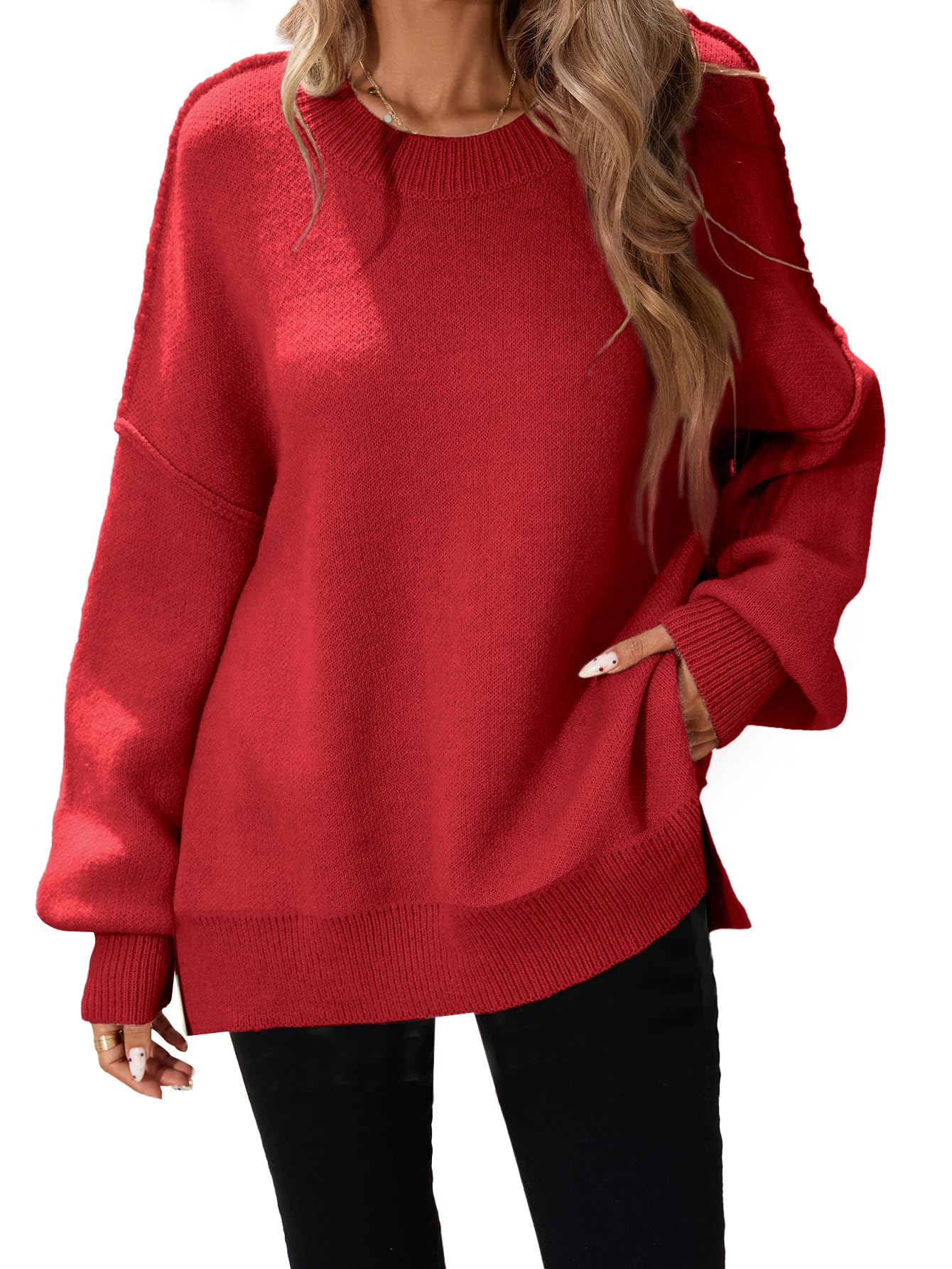 SunnyMelody Womens Oversized Batwing Sweater Fall 2025 Crew Neck Pullover Knit Tops - Outside Seam High-Low Hem Side